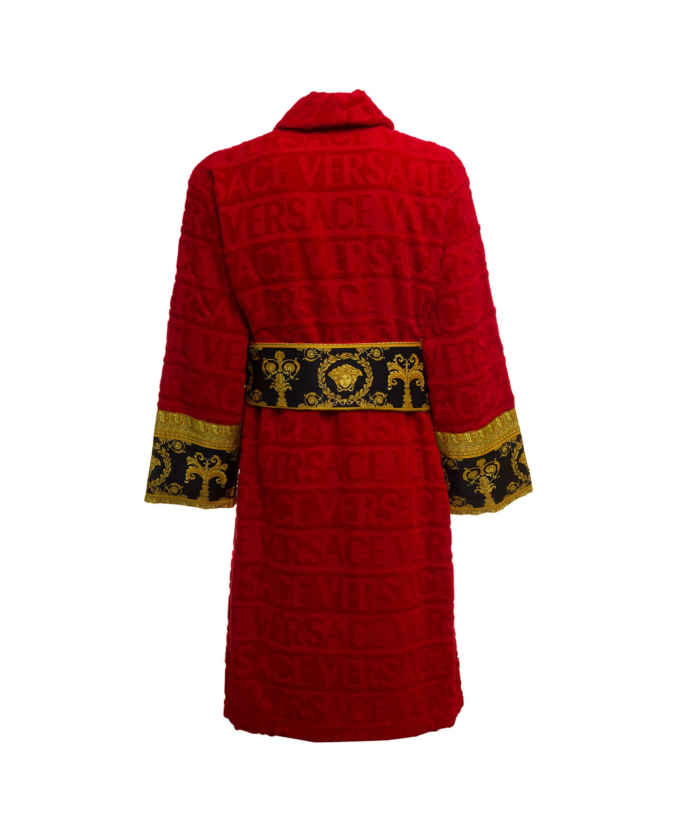 Versace Home's Red Terry Cotton Bathrobe With Baroque Detail - Red