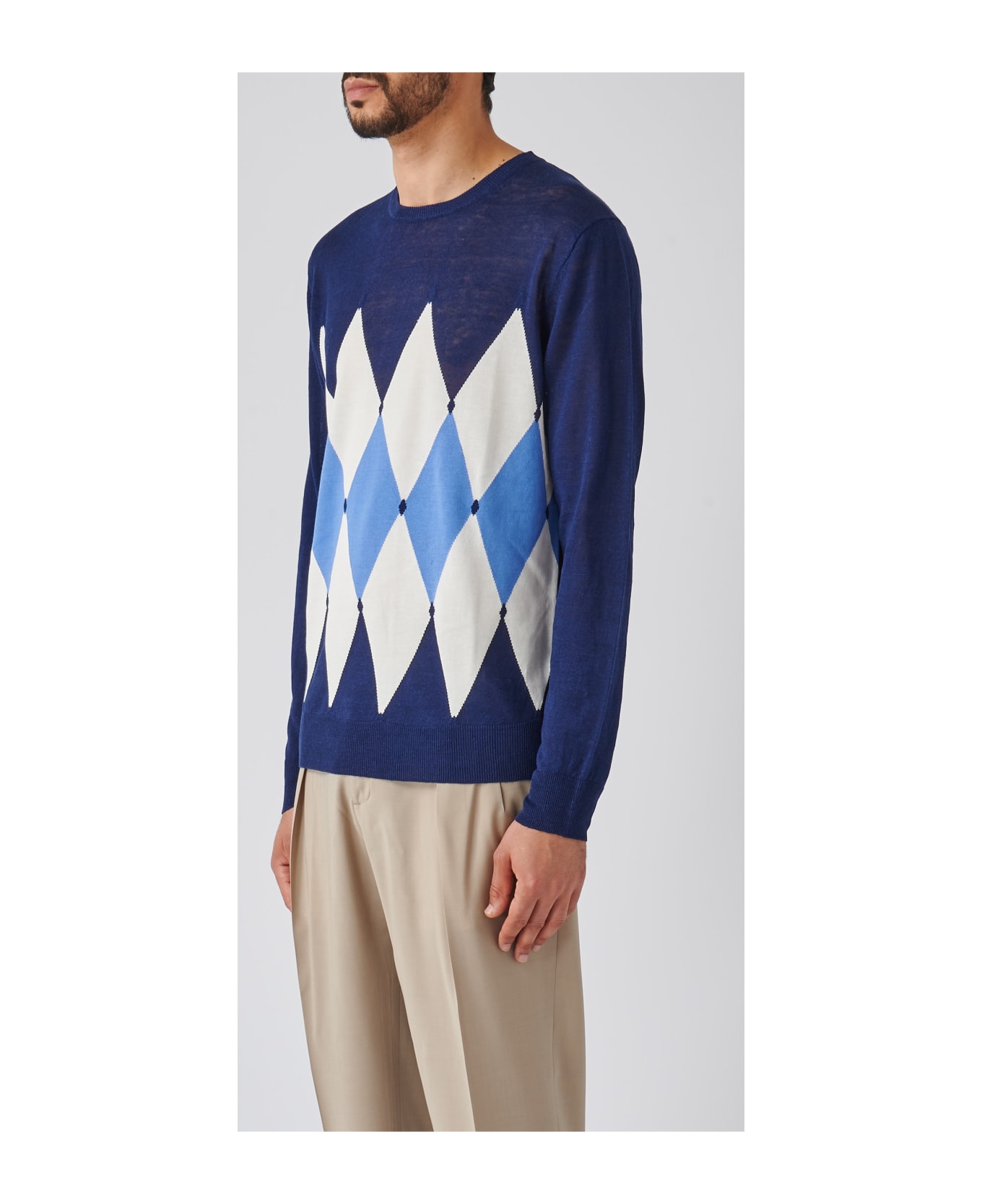 Ballantyne Neck Pullover Diamond Sweater - LATTE-BLU ニットウェア