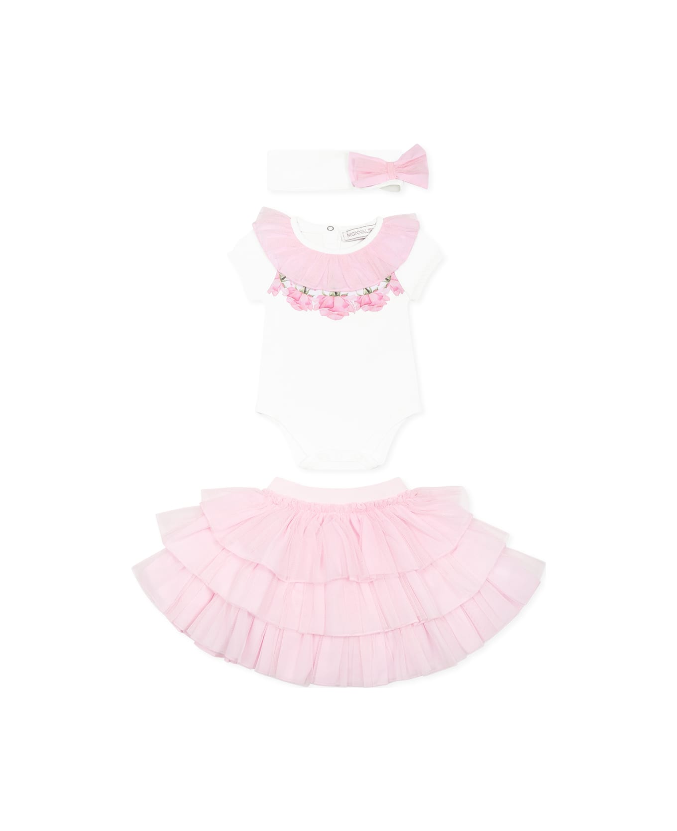 Monnalisa Pink Suit For Baby Girl With Roses - Pink