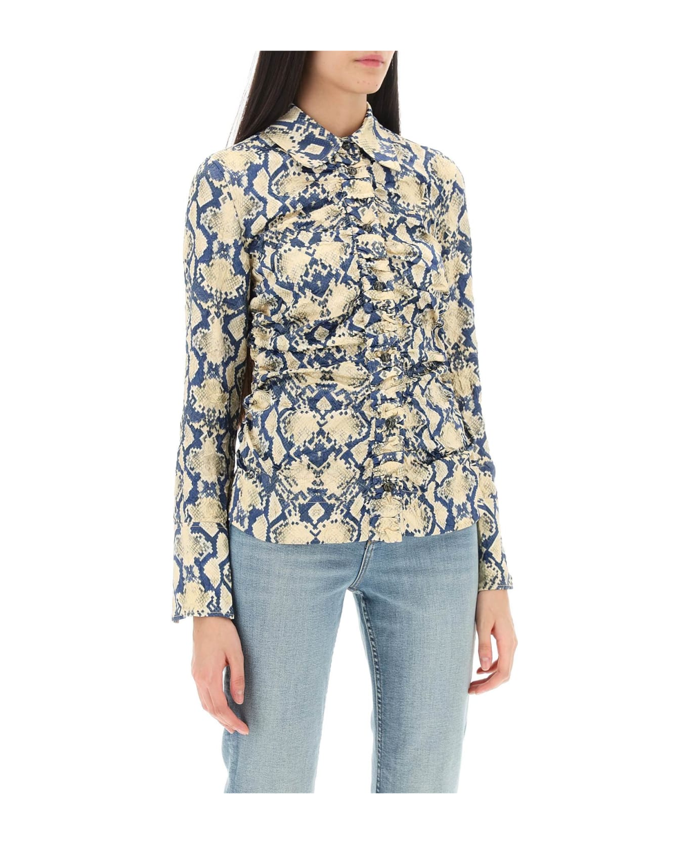 Ganni Crinkled Satin Shirt With Snake Print - Multicolore