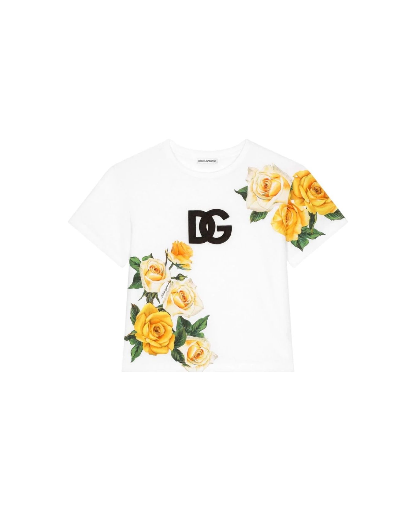 Dolce & Gabbana T-shirt With Dg Logo And Yellow Rose Print - Fantasia
