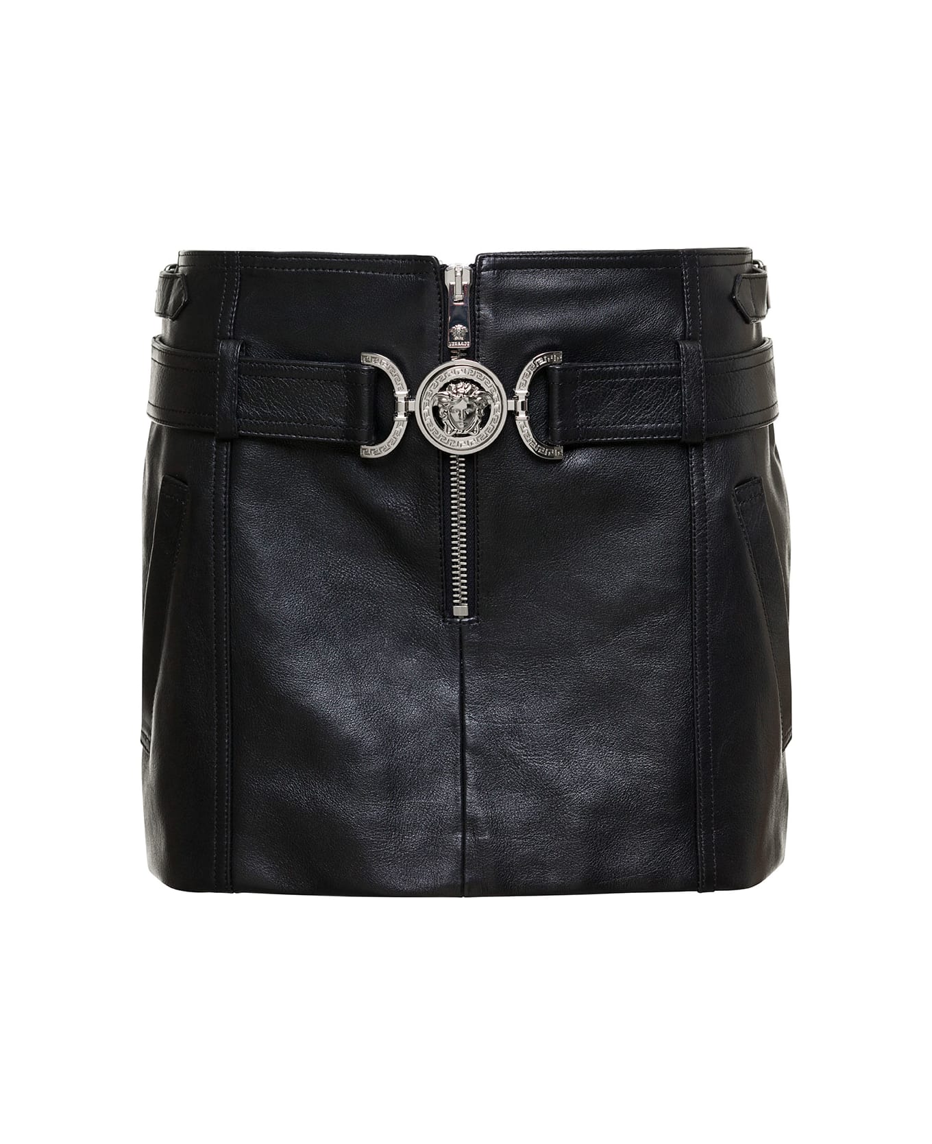 Versace Black Miniskirt With Belt And Medusa Team In Calf Woman - Black
