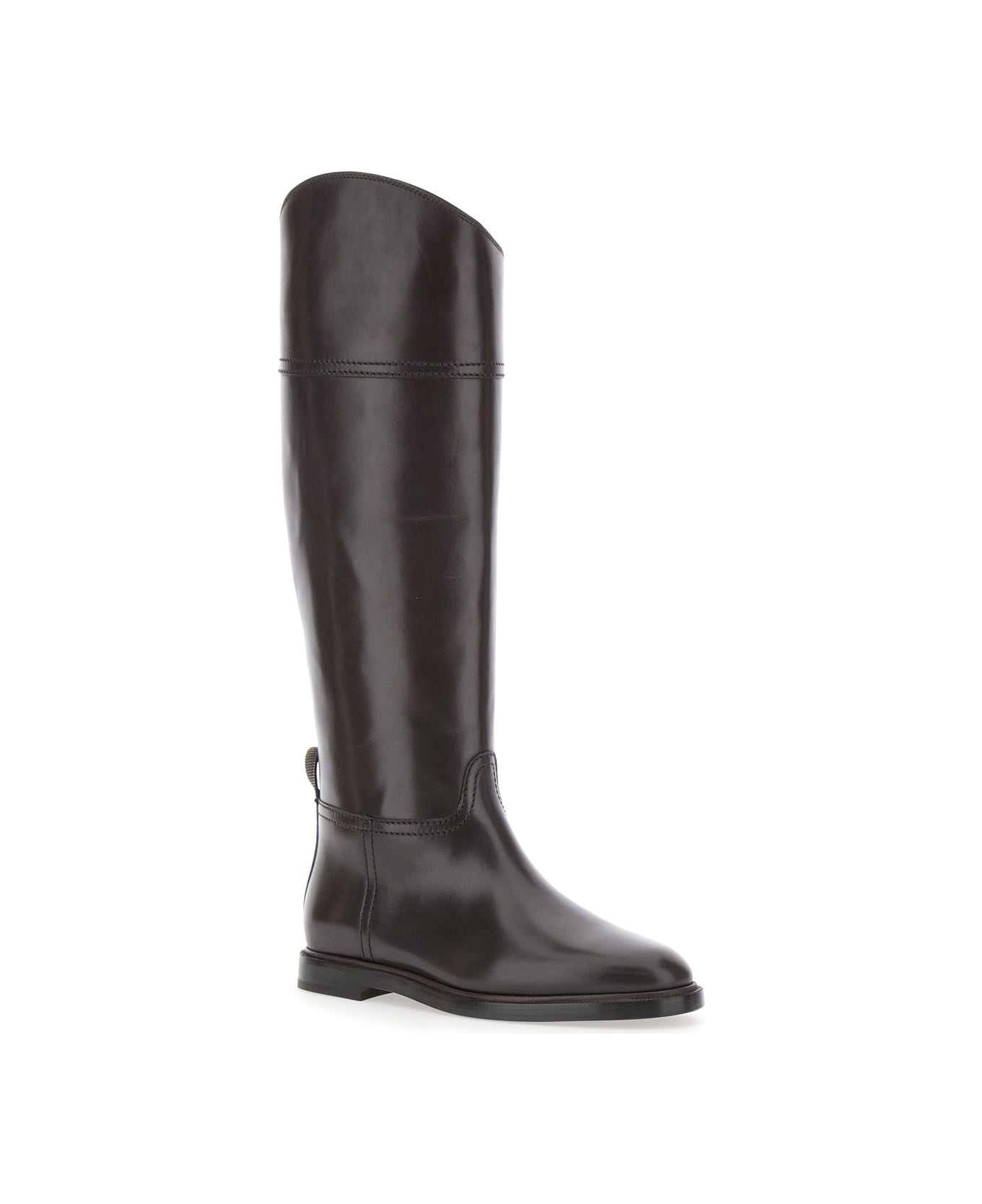 Brunello Cucinelli Brown Boots With Monile Detail On The Back And Side Zip Closure In Leather Woman - DARK BROWN