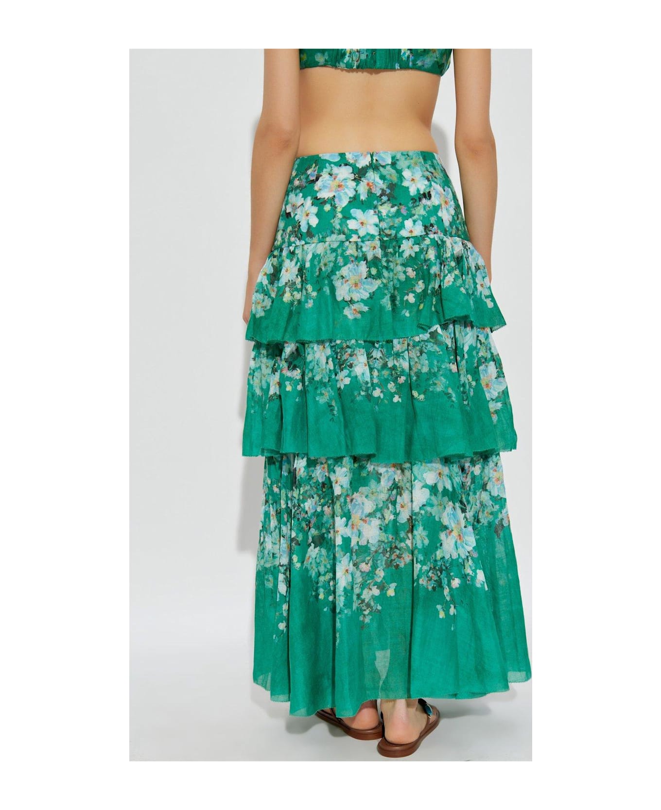 Zimmermann Everley Tiered Floral Printed Midi Skirt - Verde