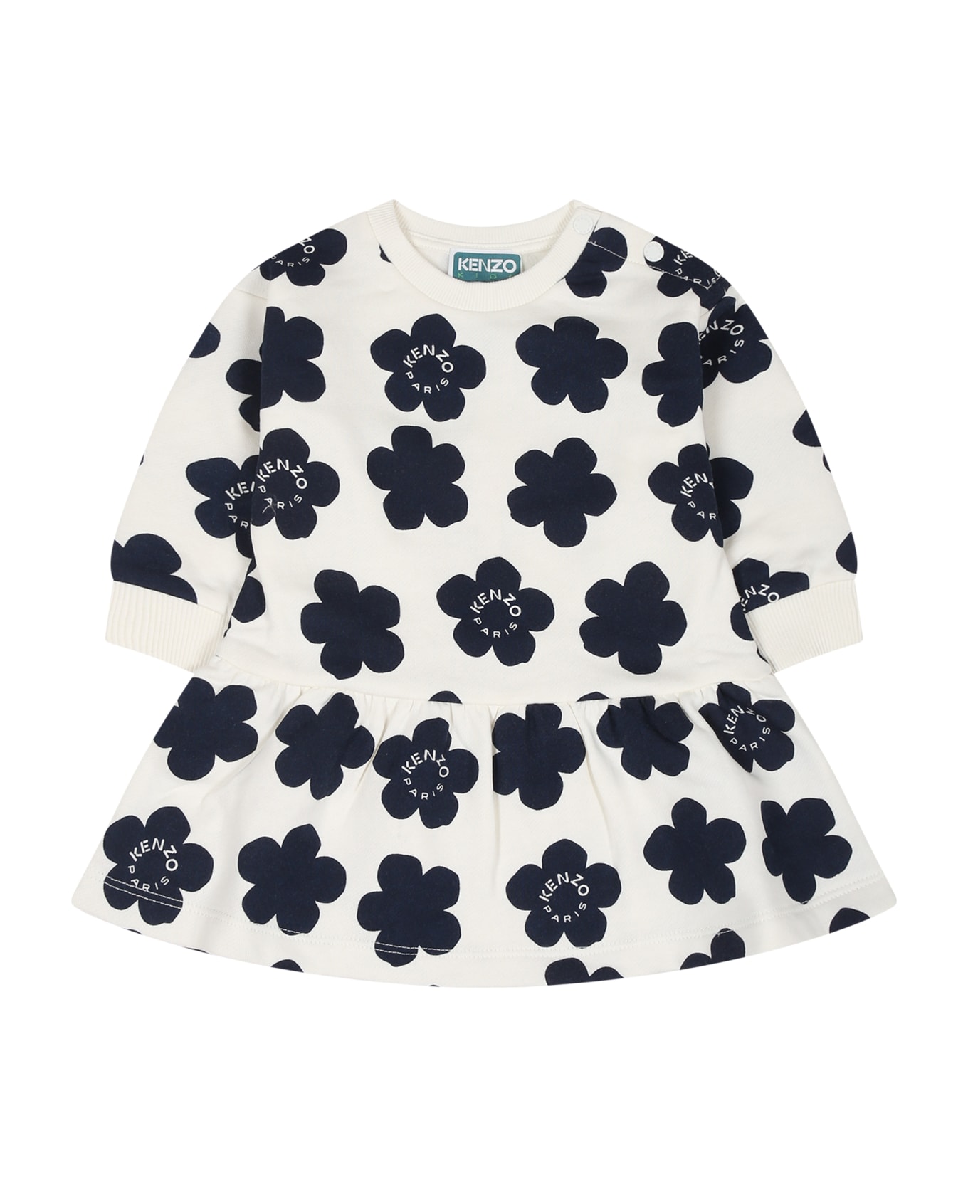 Kenzo Kids White Dress For Baby Girl With Logo And Flowers - White