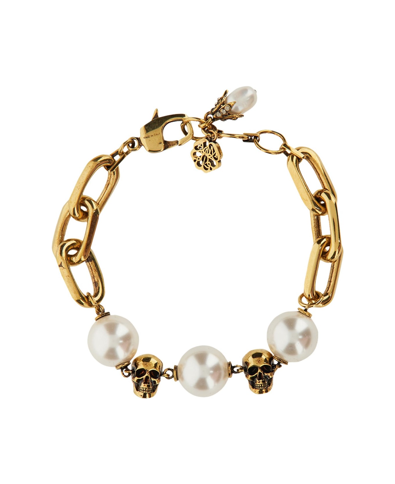 Alexander McQueen Antique Gold Chain Skull Bracelet With Pearl Effect - Oro