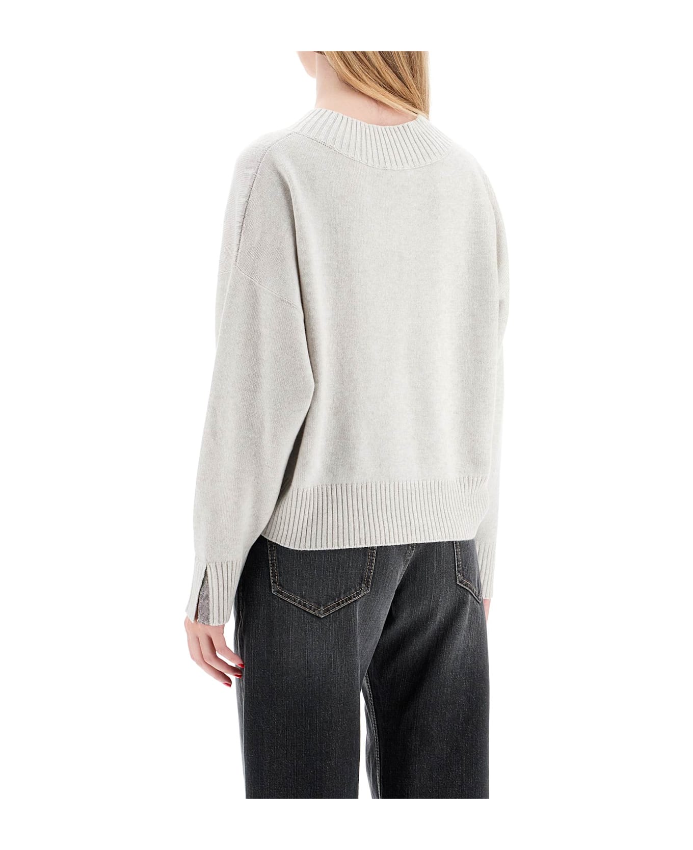 Brunello Cucinelli Cashmere Pullover With Shiny Cuff Details. - MADREPERLA (Grey)