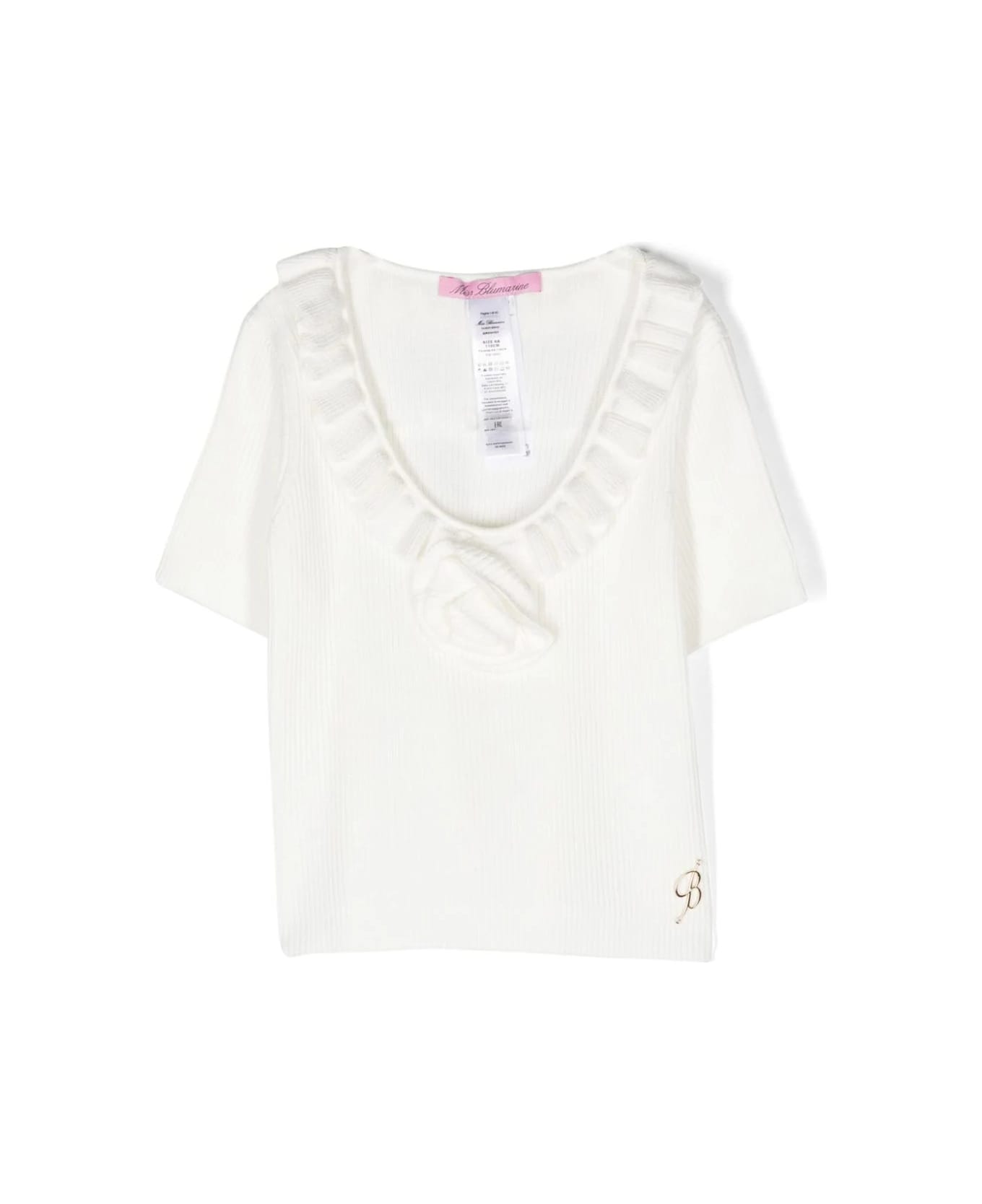 Miss Blumarine White Ribbed T-shirt With Ruffles - White Tシャツ＆ポロシャツ