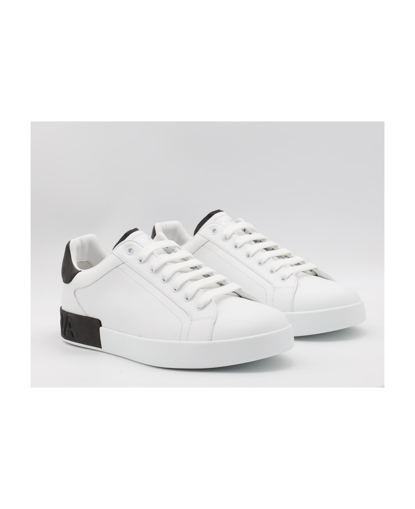 Dolce & Gabbana White And Black Leather Portofino Low Top Sneakers - White
