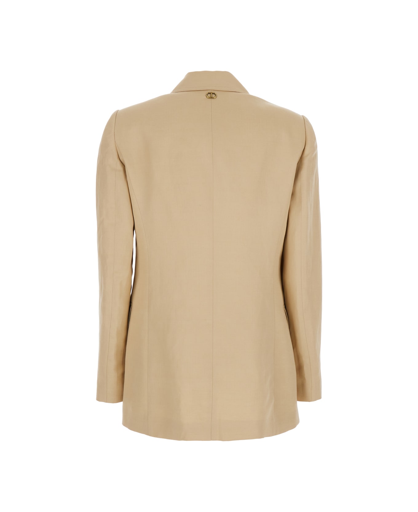 TwinSet Beige Jacket With Classic Lapels And Metallic Logo On The Back In Linen Blend Woman - Beige