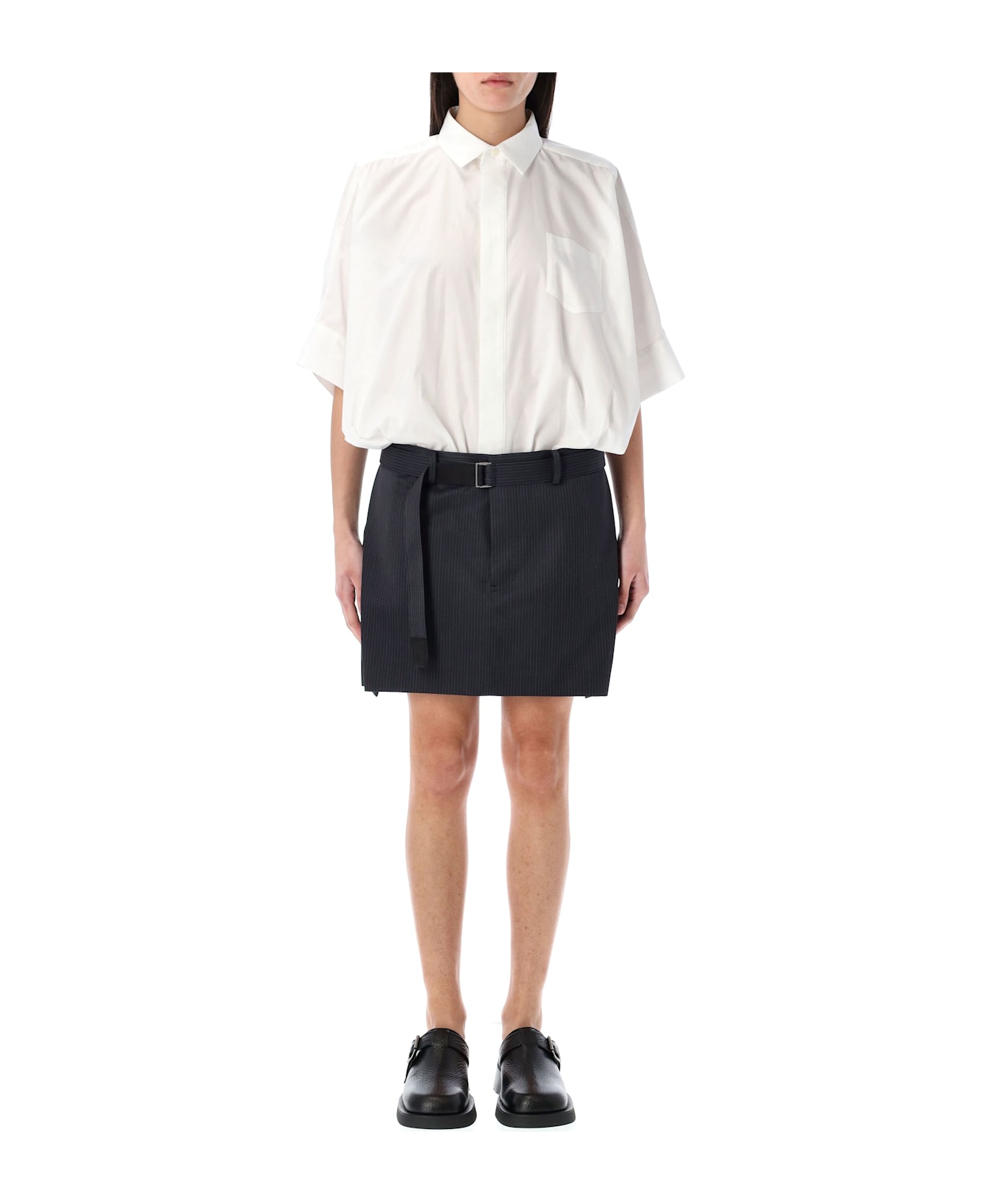 Sacai Cotton Poplin X Wool Mini Dress - BLACK WHITE