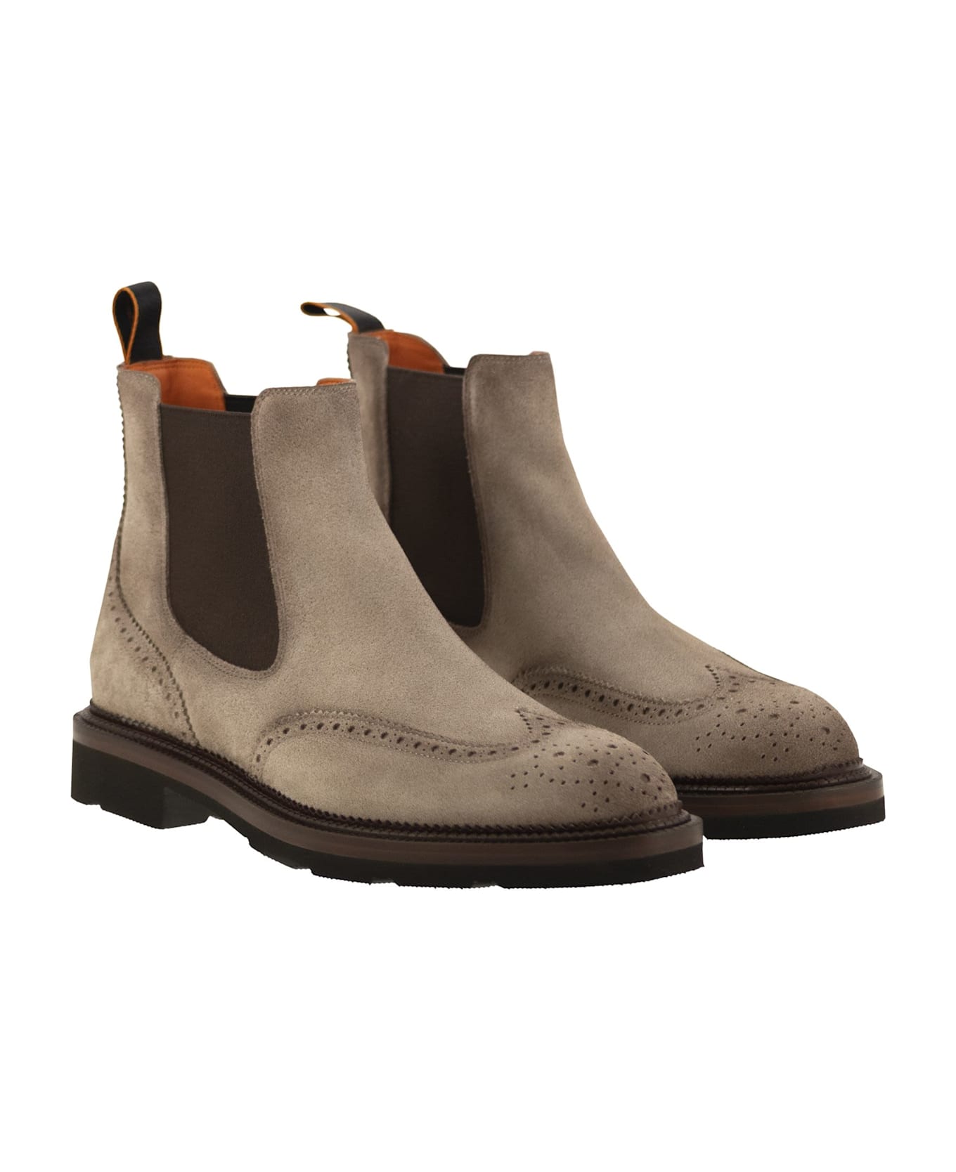 Santoni Chelsea Brogue Suede Ankle Boot - Beige