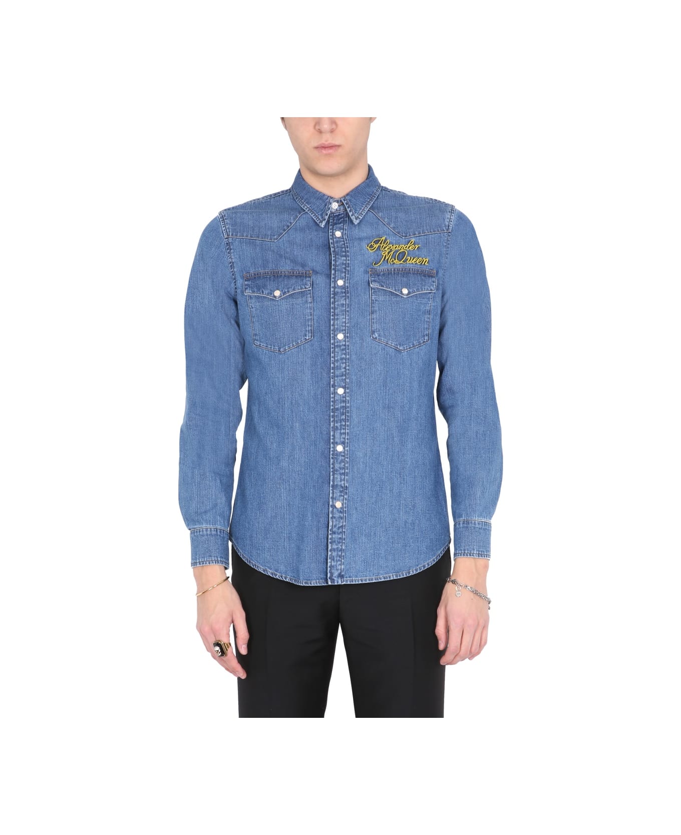Alexander McQueen Shirt With Embroidered Logo - BLUE