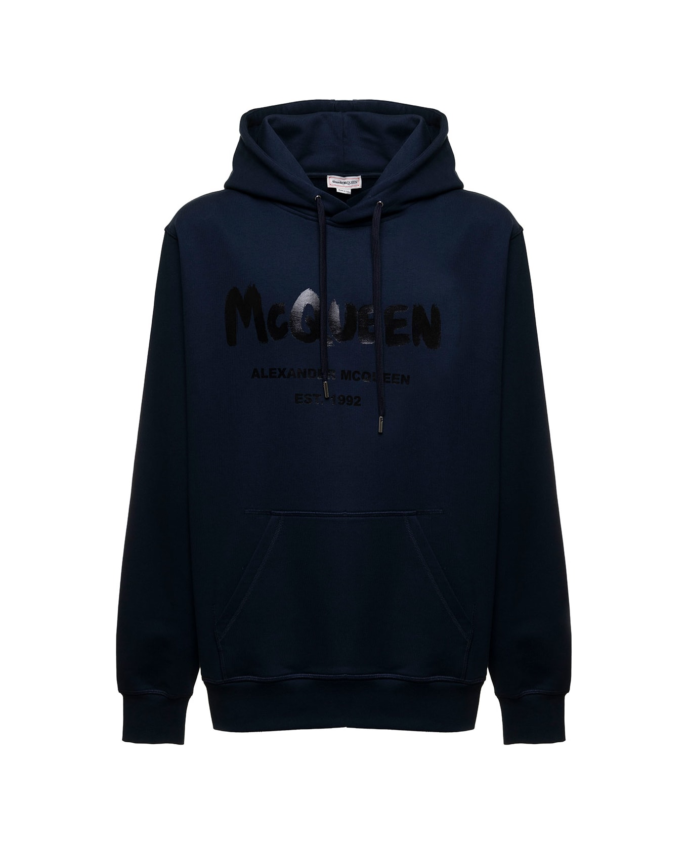 Alexander McQueen Man's Blue Cotton Hoodie With Logo Print - Blu