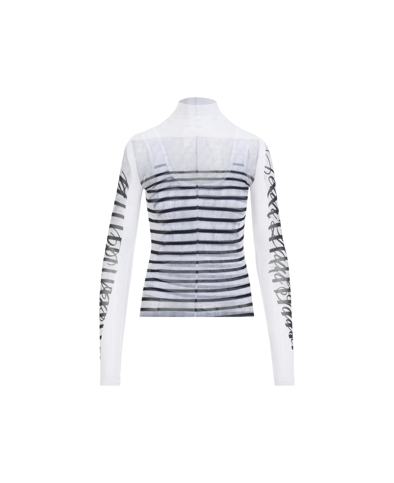 Jean Paul Gaultier Spandex Mesh Printed Feathers Mariniere Top - White Navy Black