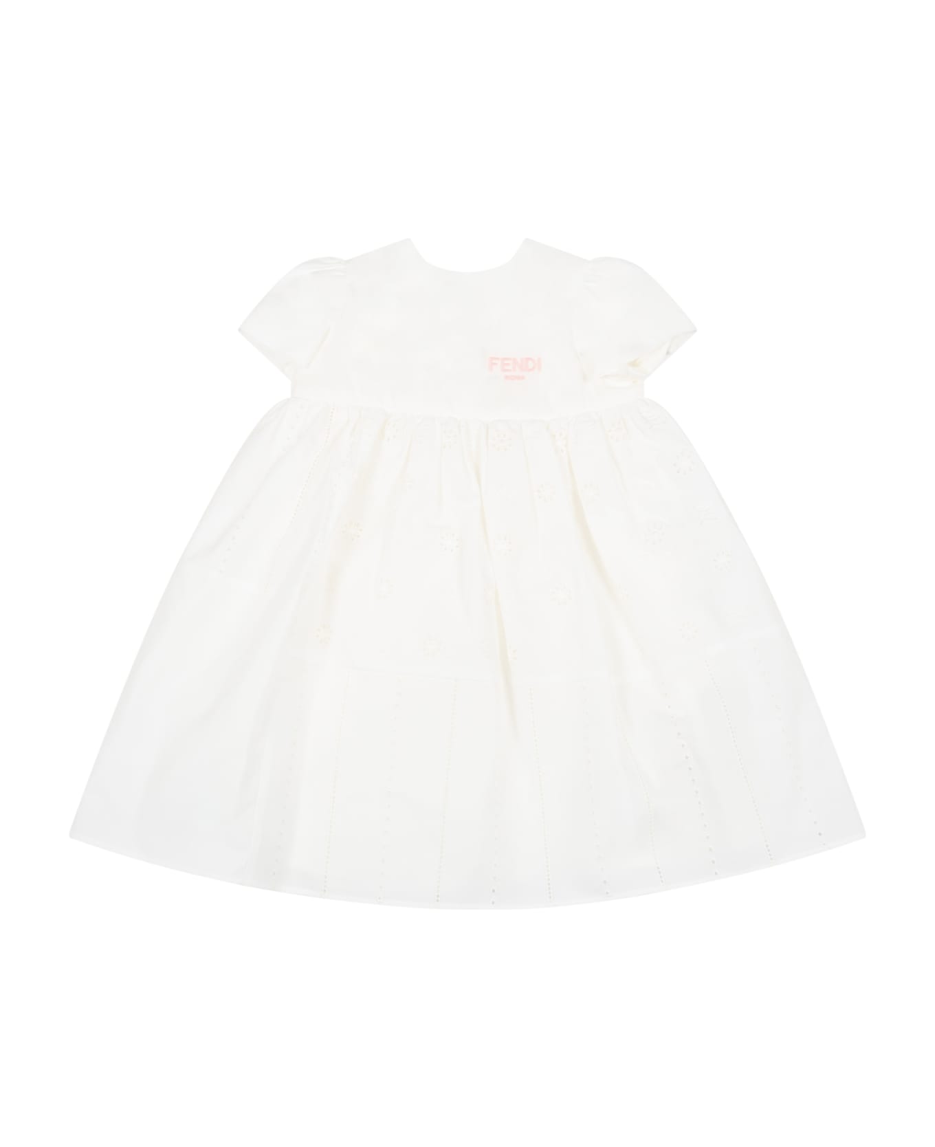 Fendi White Dress For Baby Girl With Pink Logo - White