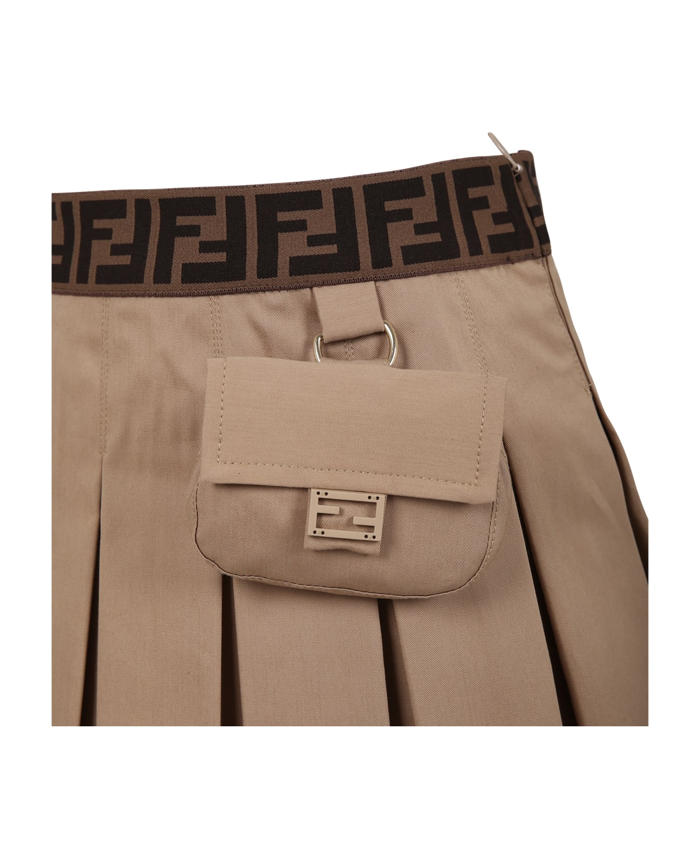 Fendi Beige Casual Skirt For Girls With Baguette And Ff Logo - Beige