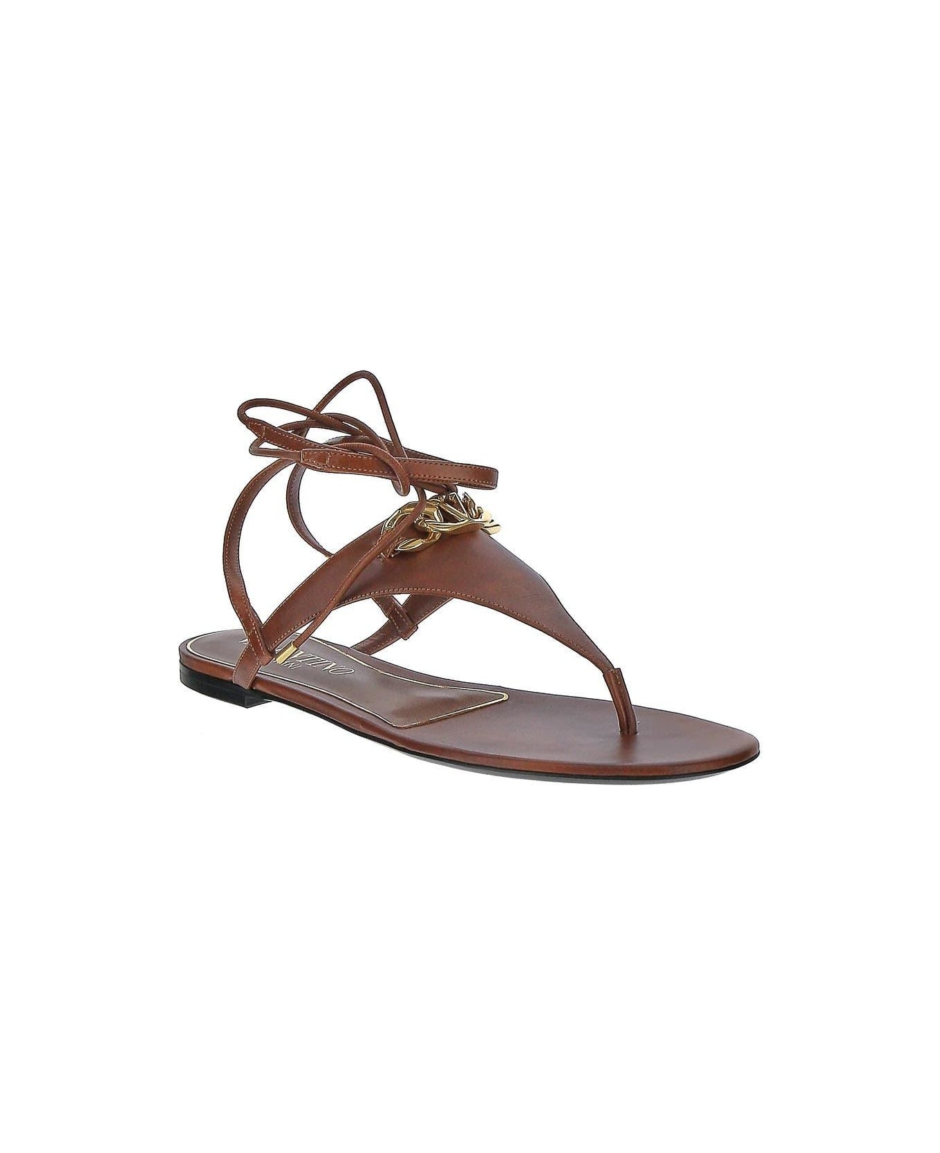 Valentino Garavani Vlogo Chain Calfskin Flat Thong Sandals - Leather Brown サンダル