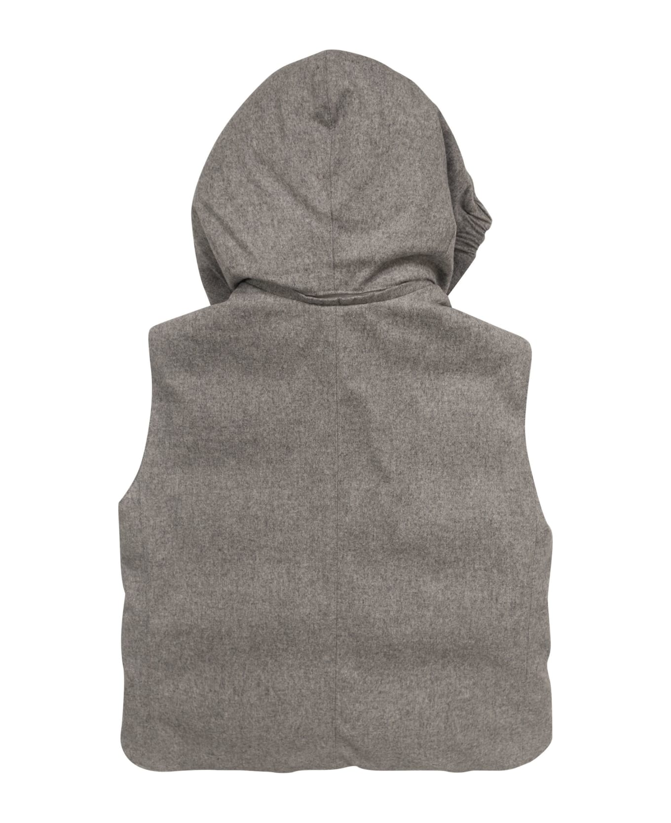 Brunello Cucinelli Sleeveless Down Jacket In Membraned Wool Flannel With Detachable Hood And Patch - Grey