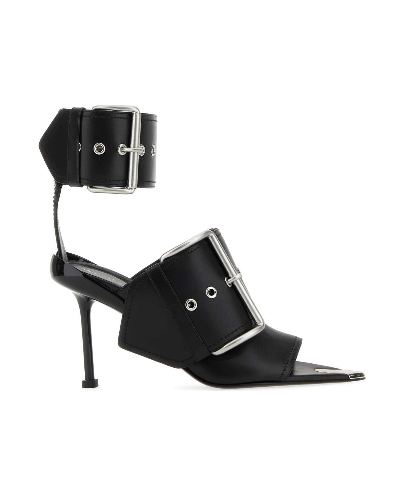 Alexander McQueen Black Leather Slash Sandals - BLACKBLACKSILVER サンダル