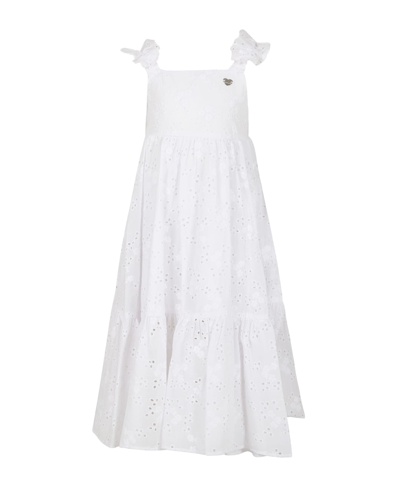 Monnalisa White Dress For Girl With Heart - White ワンピース＆ドレス