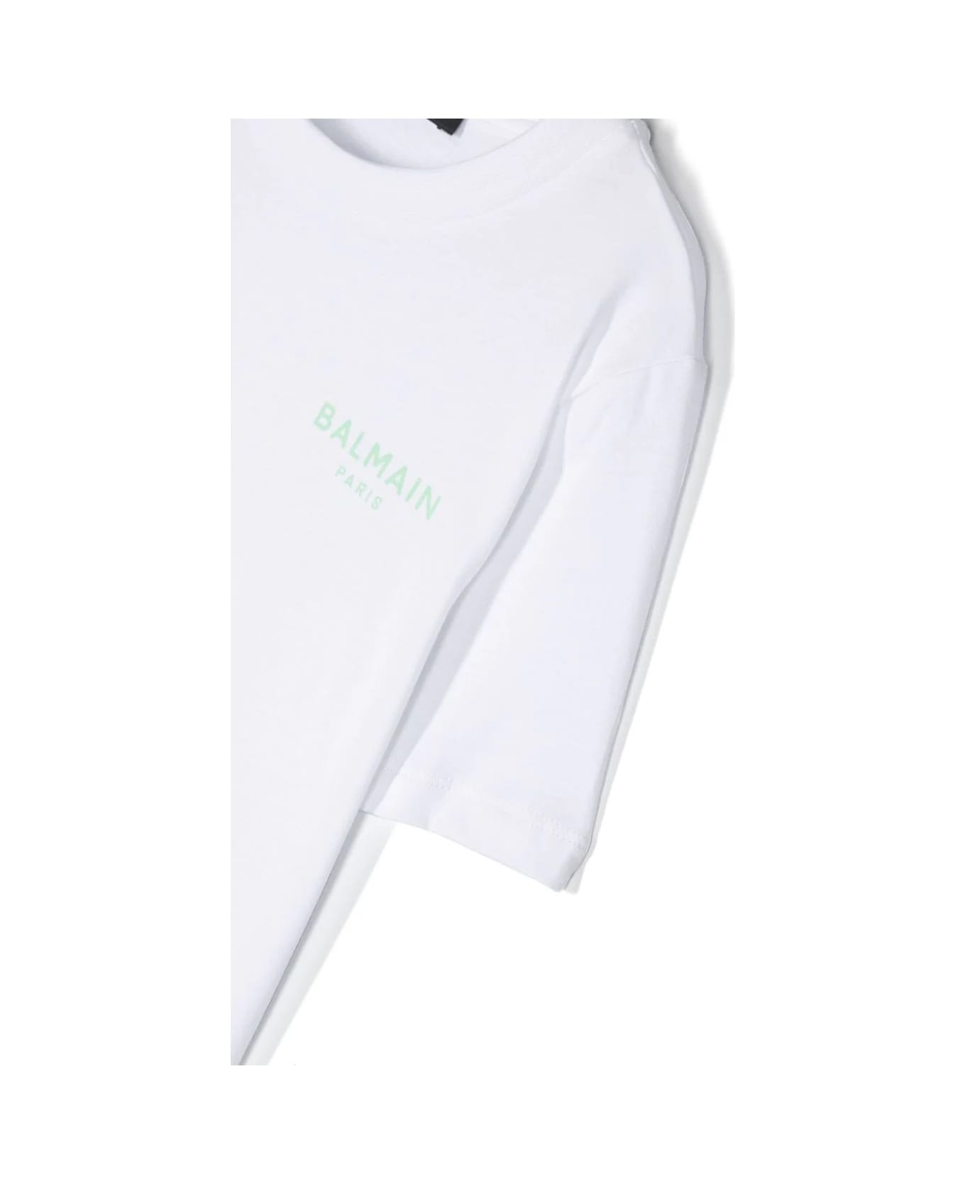 Balmain White T-shirt With Light Green Logo On Chest - White