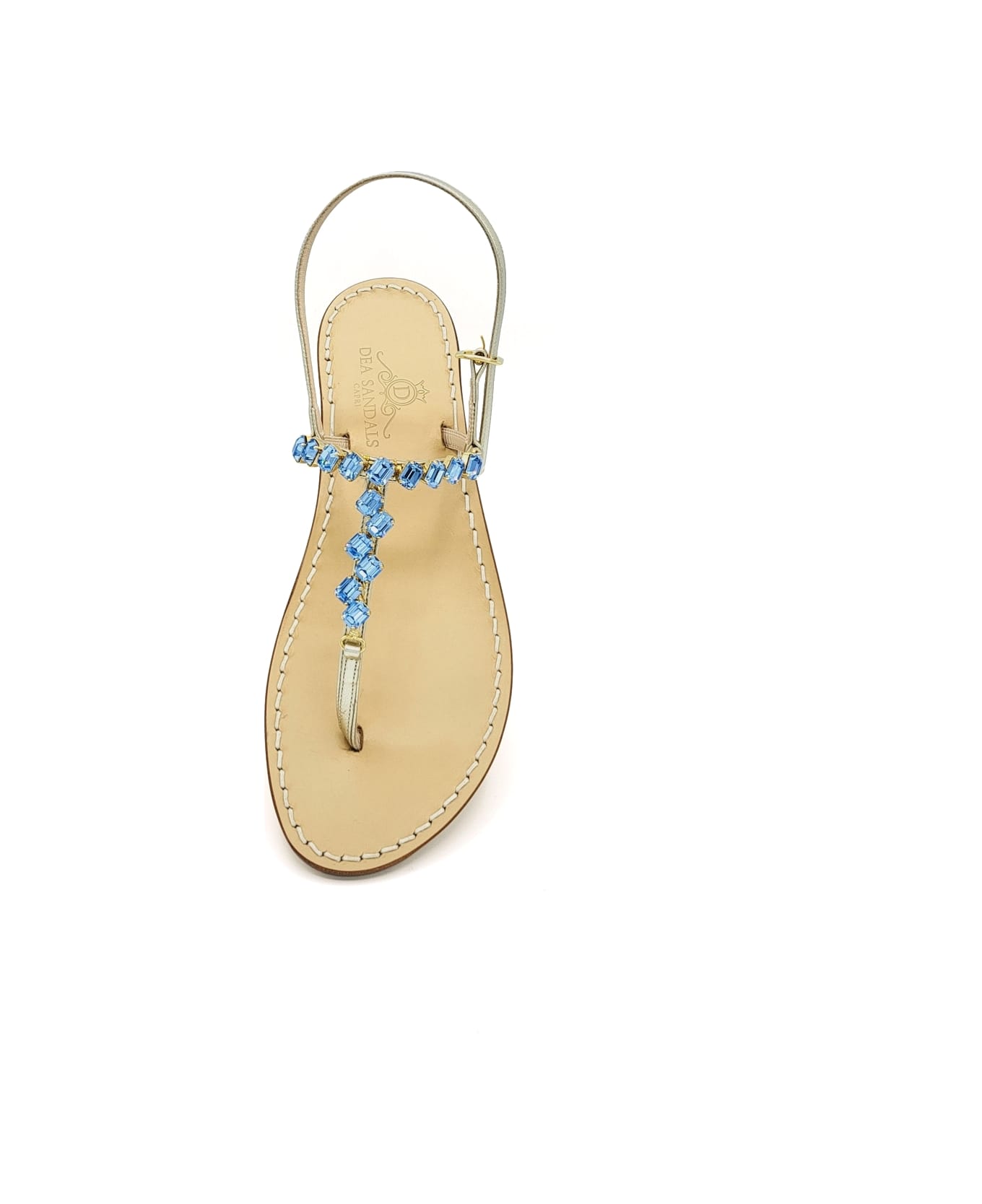 Dea Sandals Light Blue Diagonal Jewel Sandals - platinum gold laminated, light blue