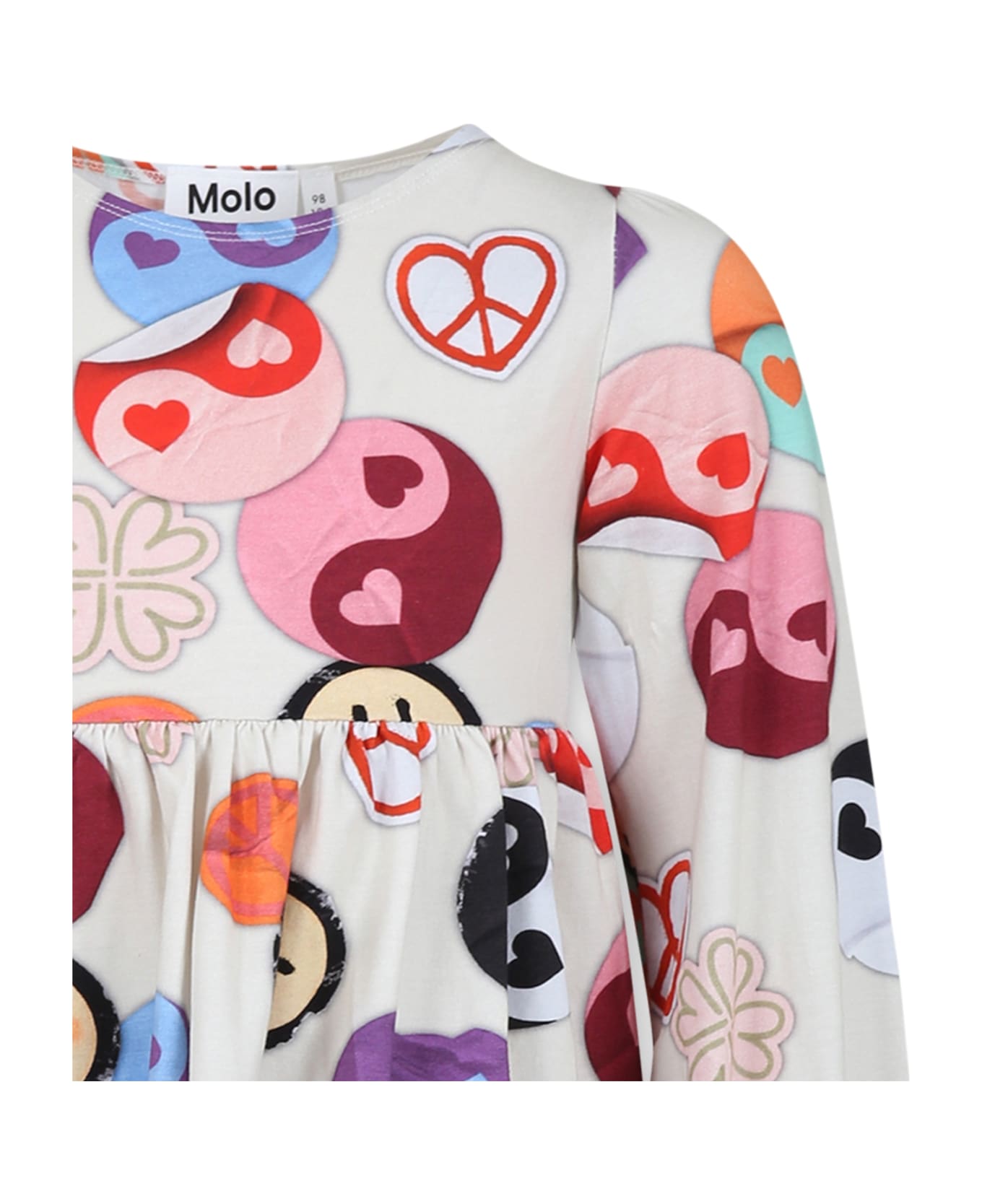 Molo Ivory Dress For Girl With Smiley And Yin And Yang Print - Multicolor ワンピース＆ドレス