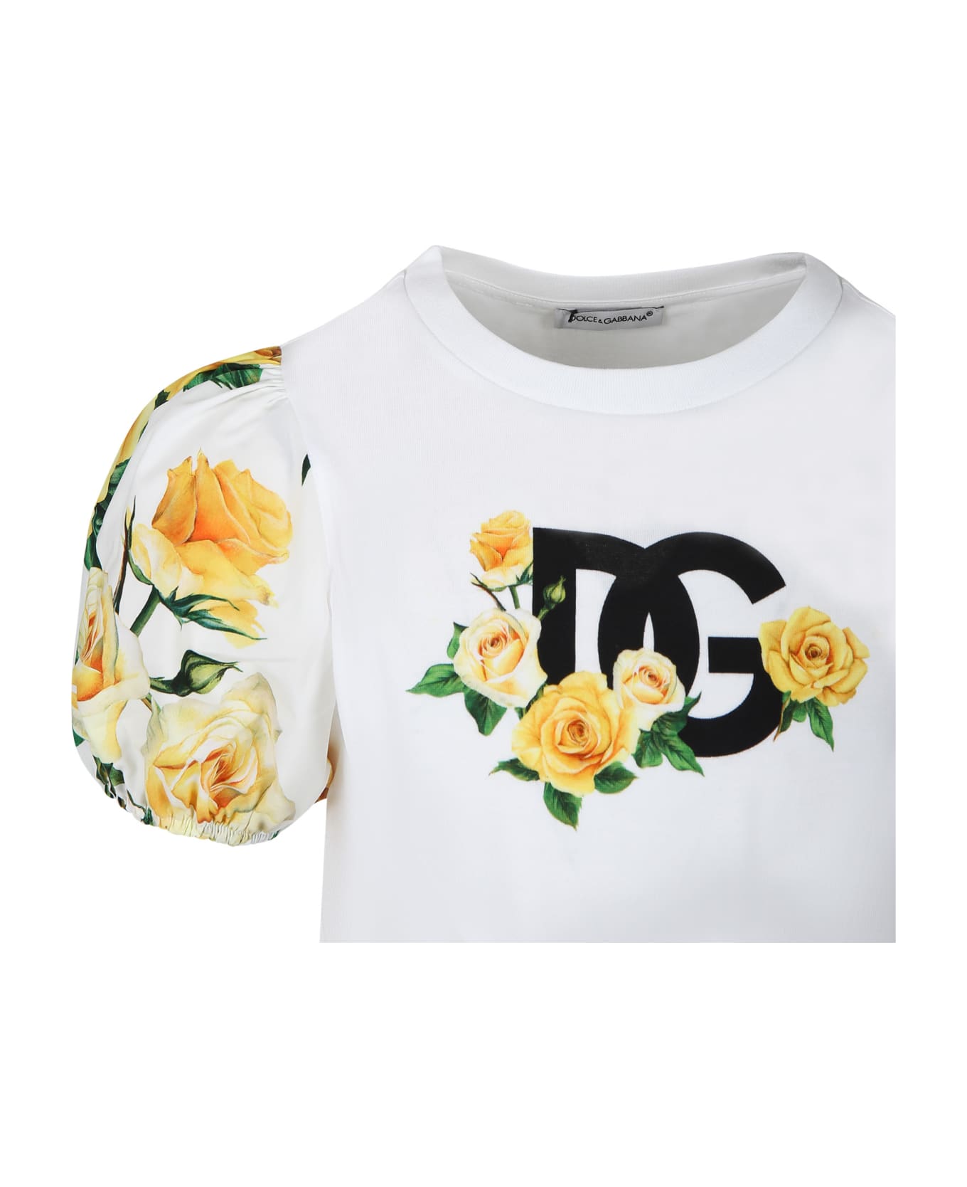 Dolce & Gabbana White T-shirt For Girl With Flowering Pattern - Giallo/bianco