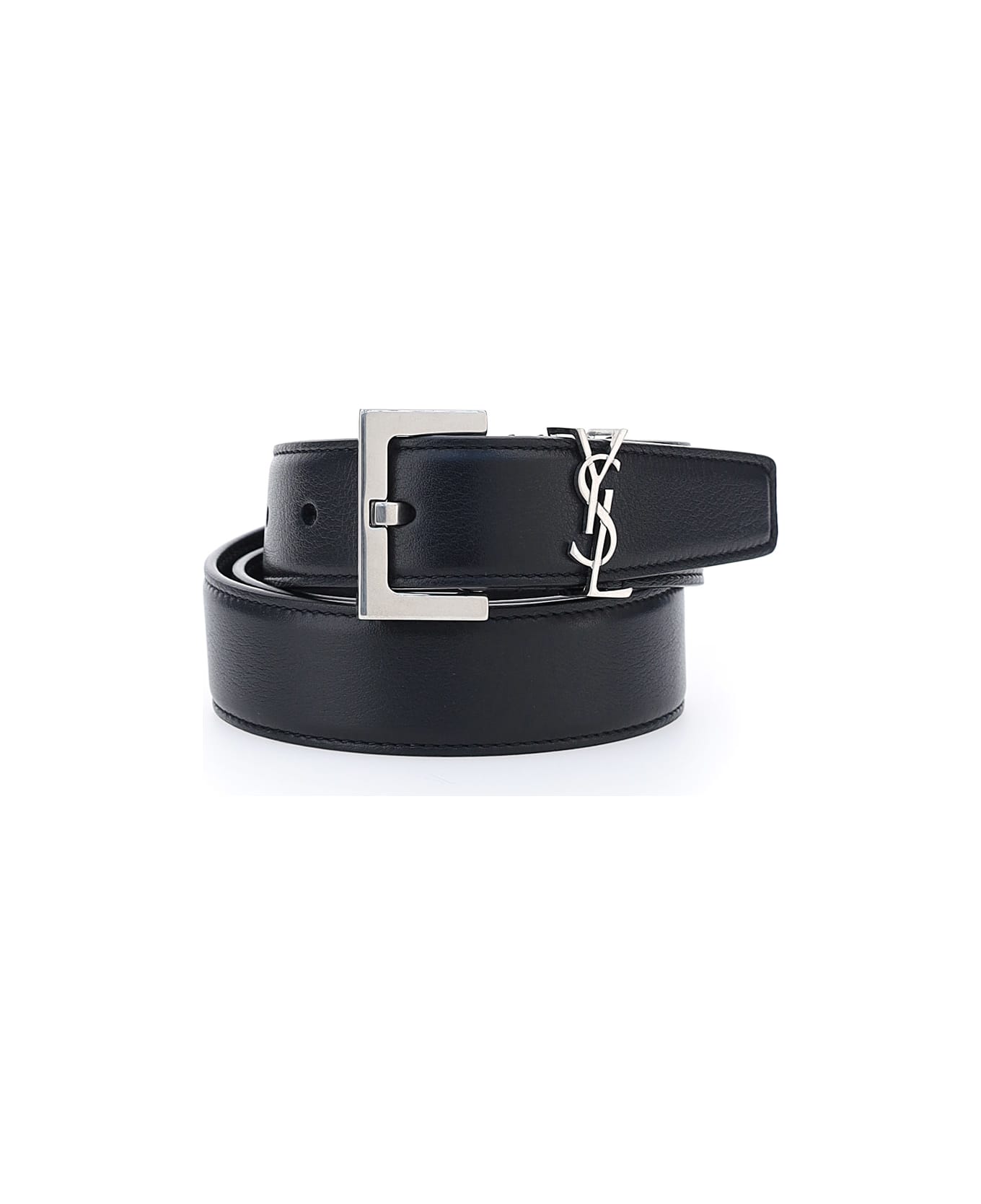 Saint Laurent Leather Belt With Silver Logo - Nero