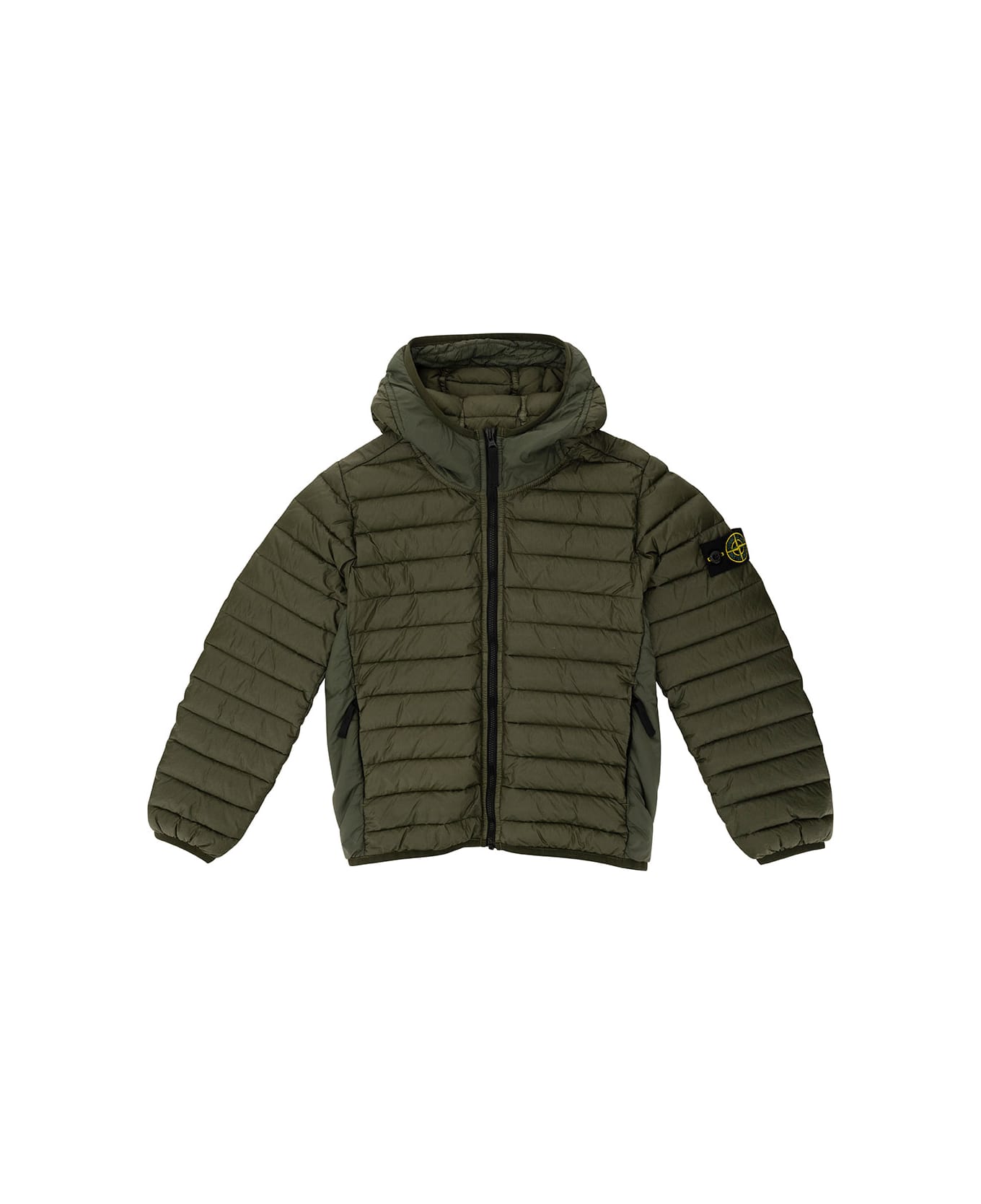 Stone Island Junior Green Down Jacket With Hood And Logo Patch In Polyamide Boy - Green