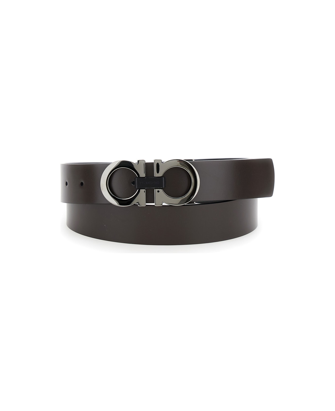 Ferragamo Black And Brown Reversible Belt With Gancini Buckle In Smooth Leather Man - BROWN BICOLOURED BLACK