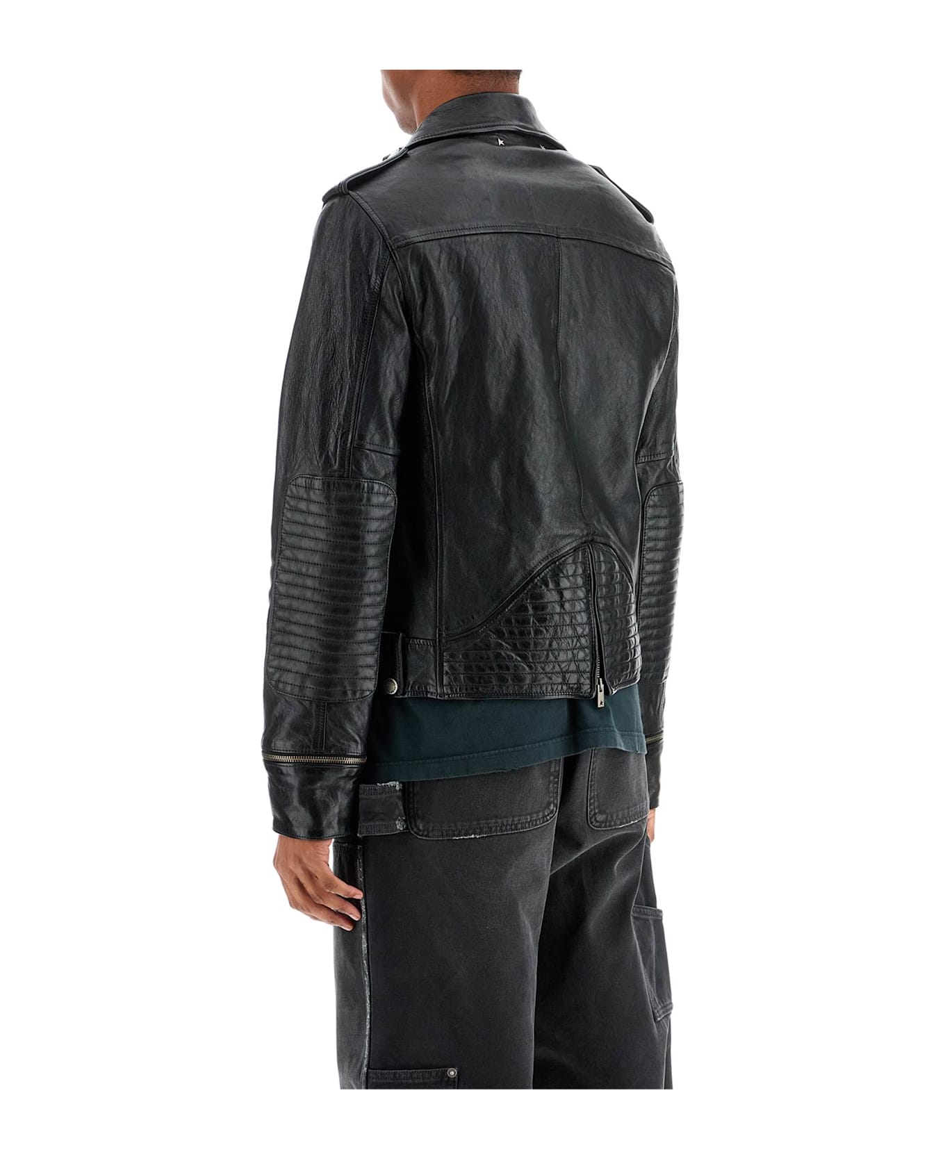 Golden Goose Black Waxed Leather Biker Jacket - BLACK (Black)