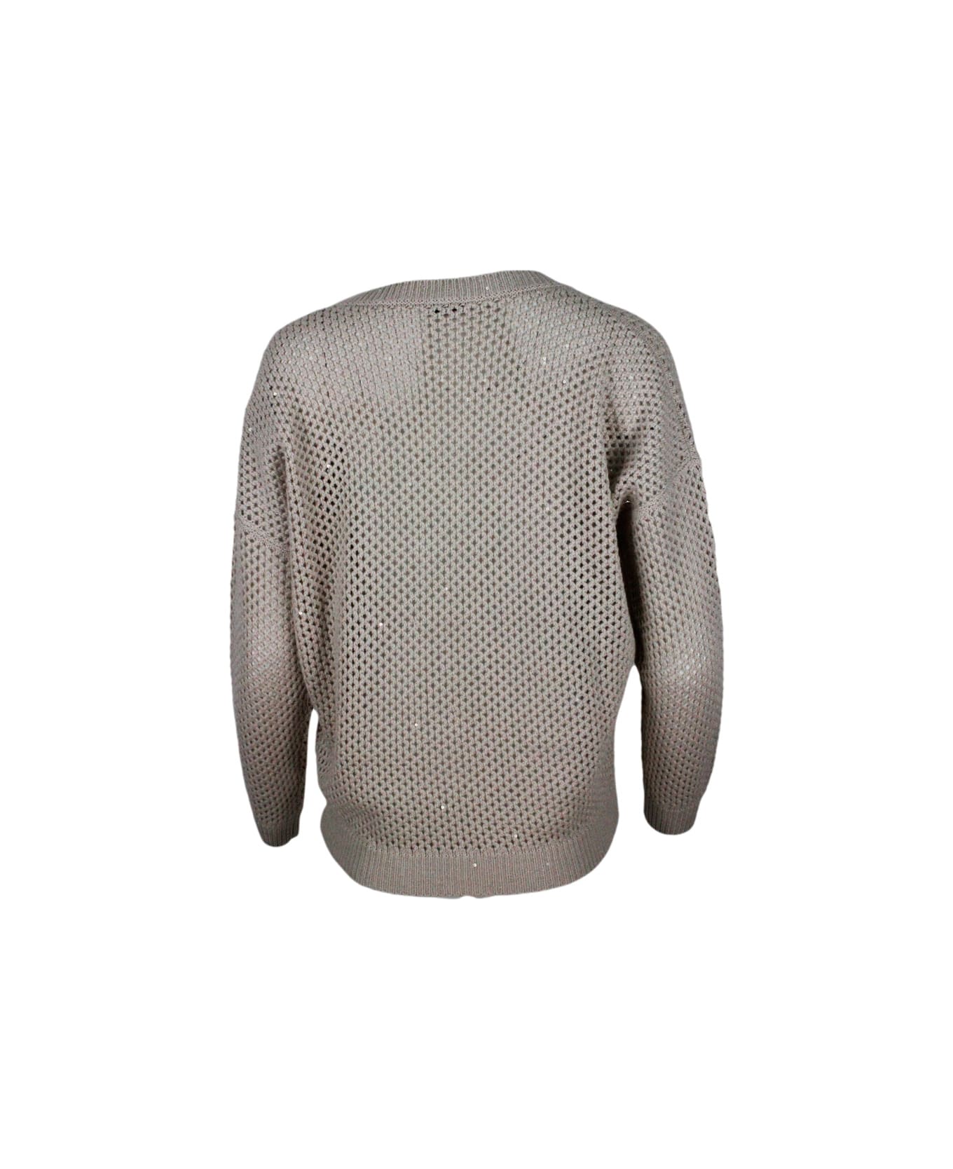 Brunello Cucinelli V-neck Sweater In Cashmere And Silk With Mesh Processing Embellished With Micro Sequins - Beige