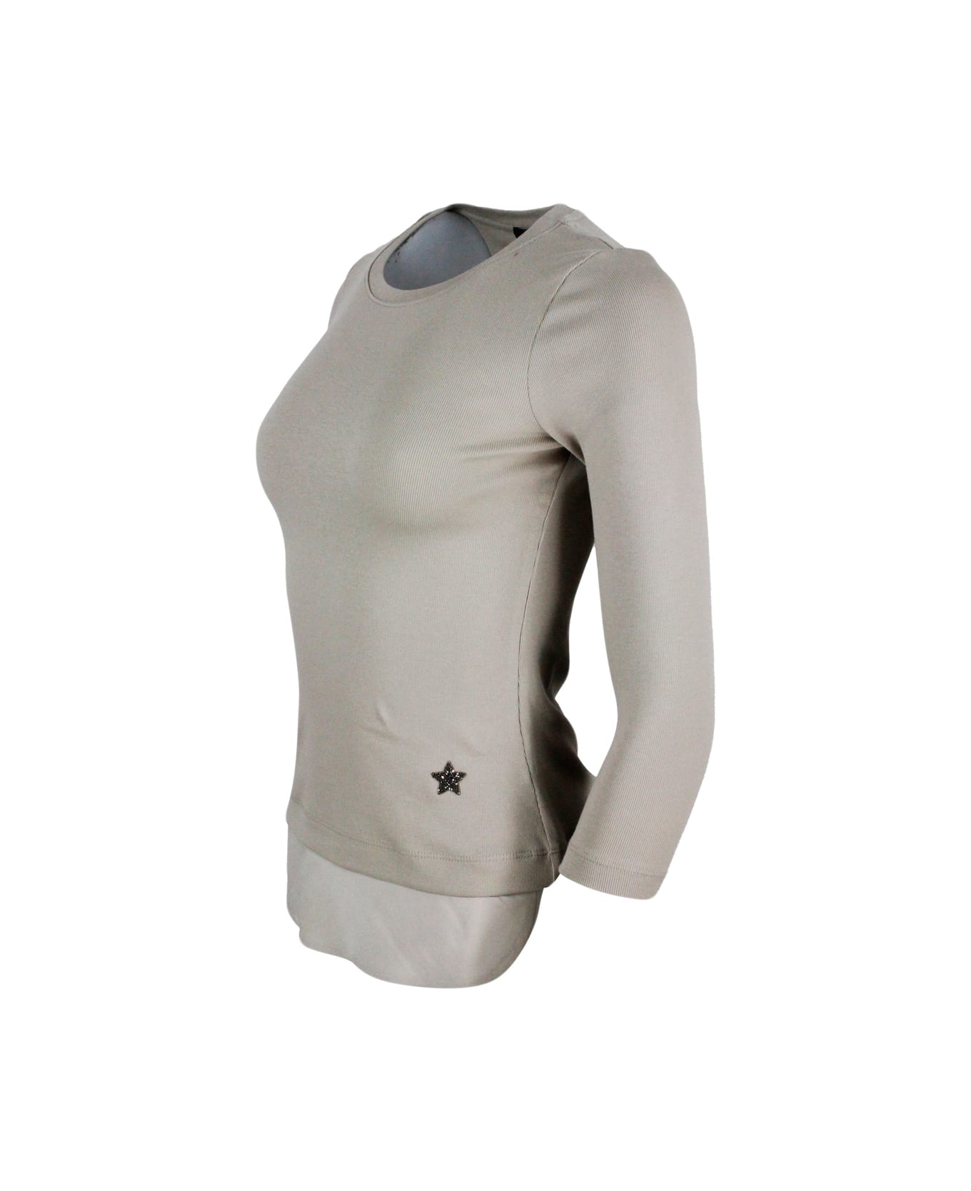 Lorena Antoniazzi Ribbed Crew-neck Short-sleeved Cotton T-shirt With Swarosky Star And Silk Insert On The Bottom - Beige