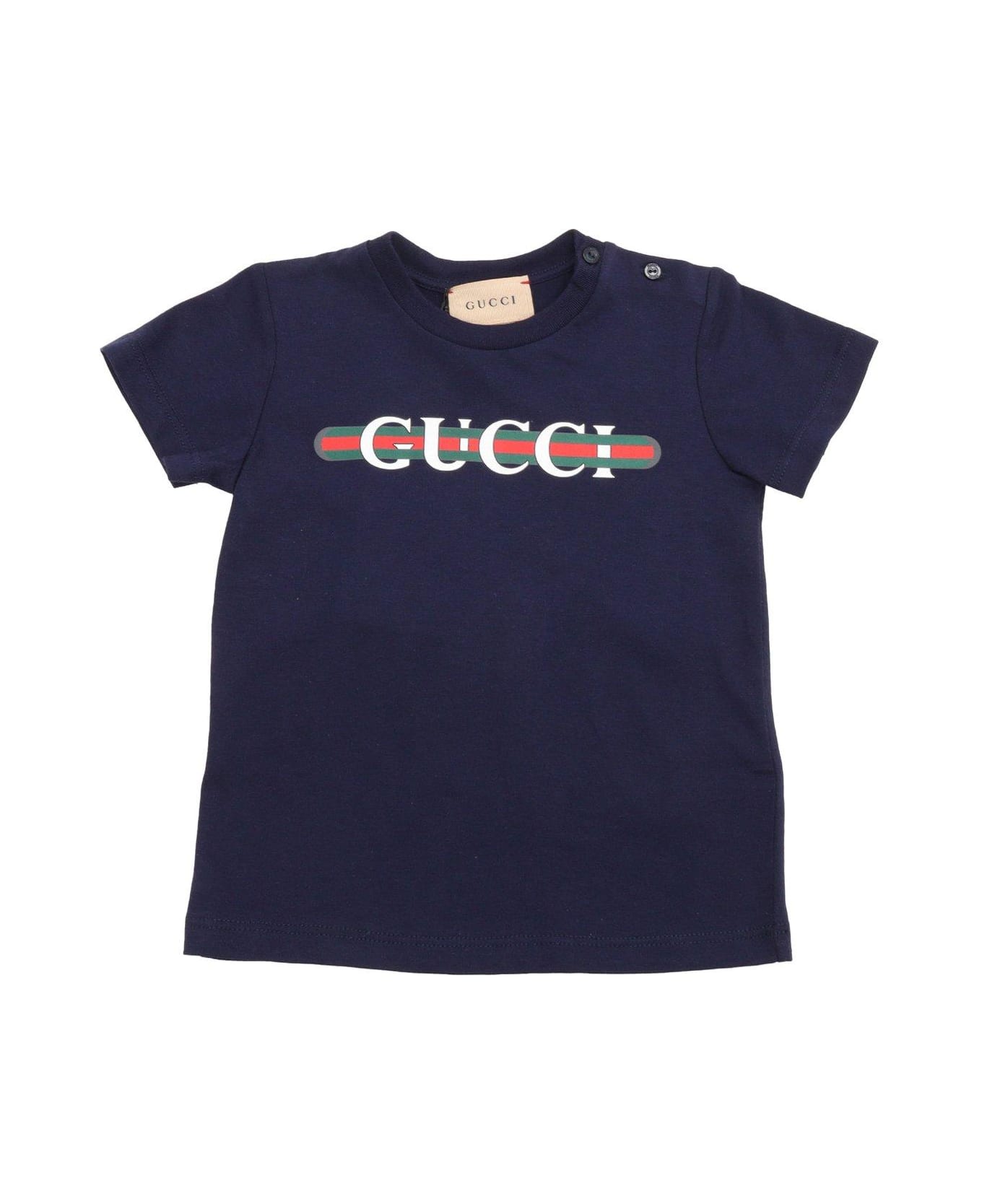 Gucci Logo Printed Crewneck T-shirt - Blue