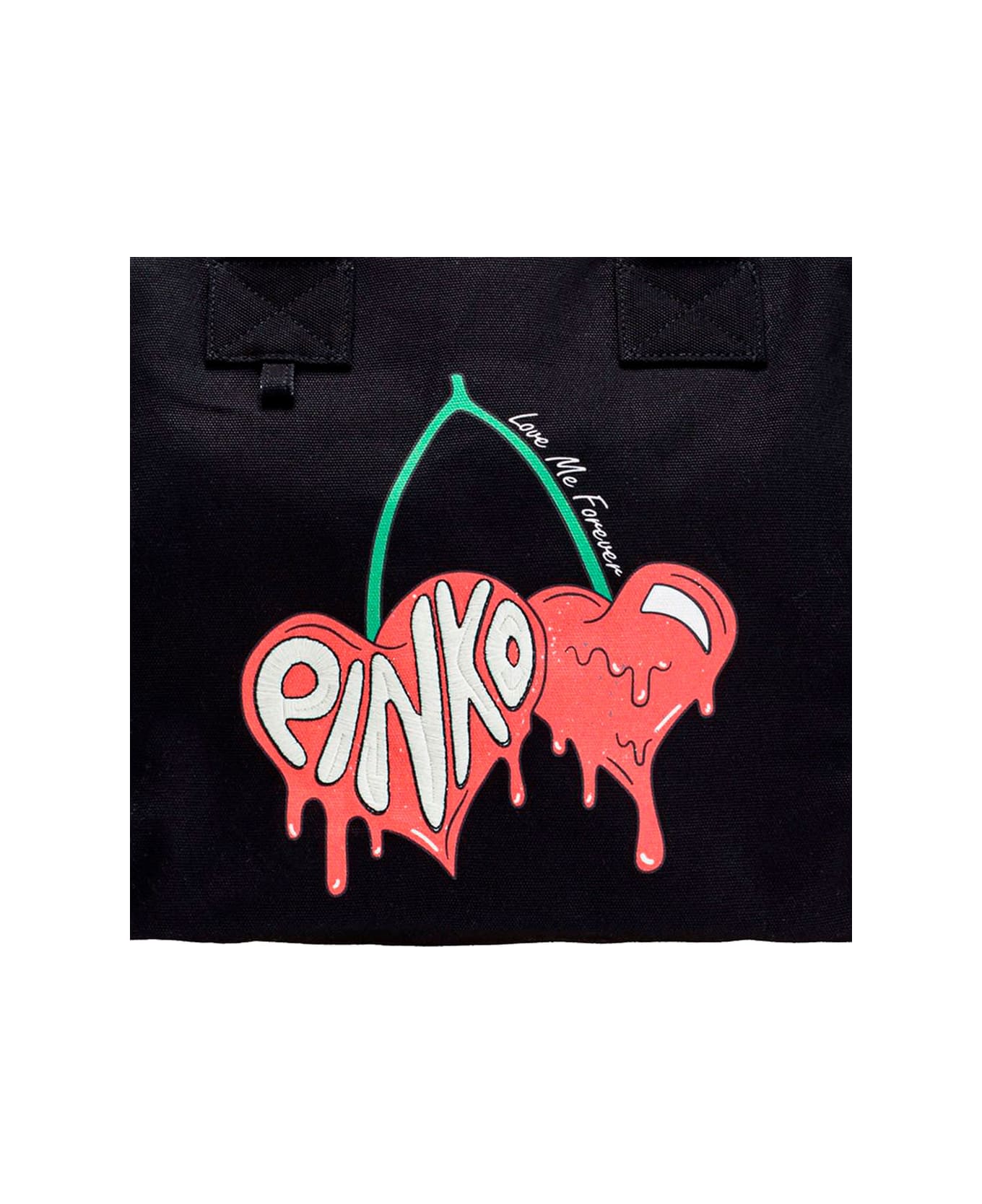Pinko Black Tote Beach Bag With Logo Print In Canvas Woman - Black