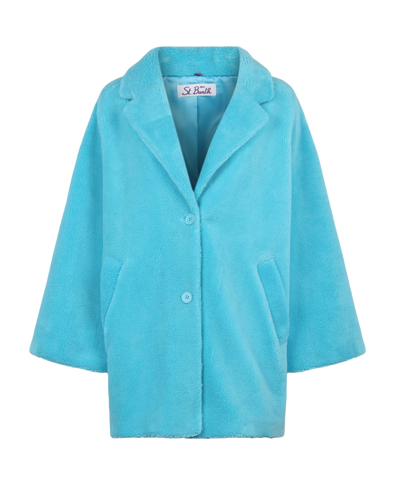 MC2 Saint Barth Woman Coat Turquoise Teddy Fabric - BLUE