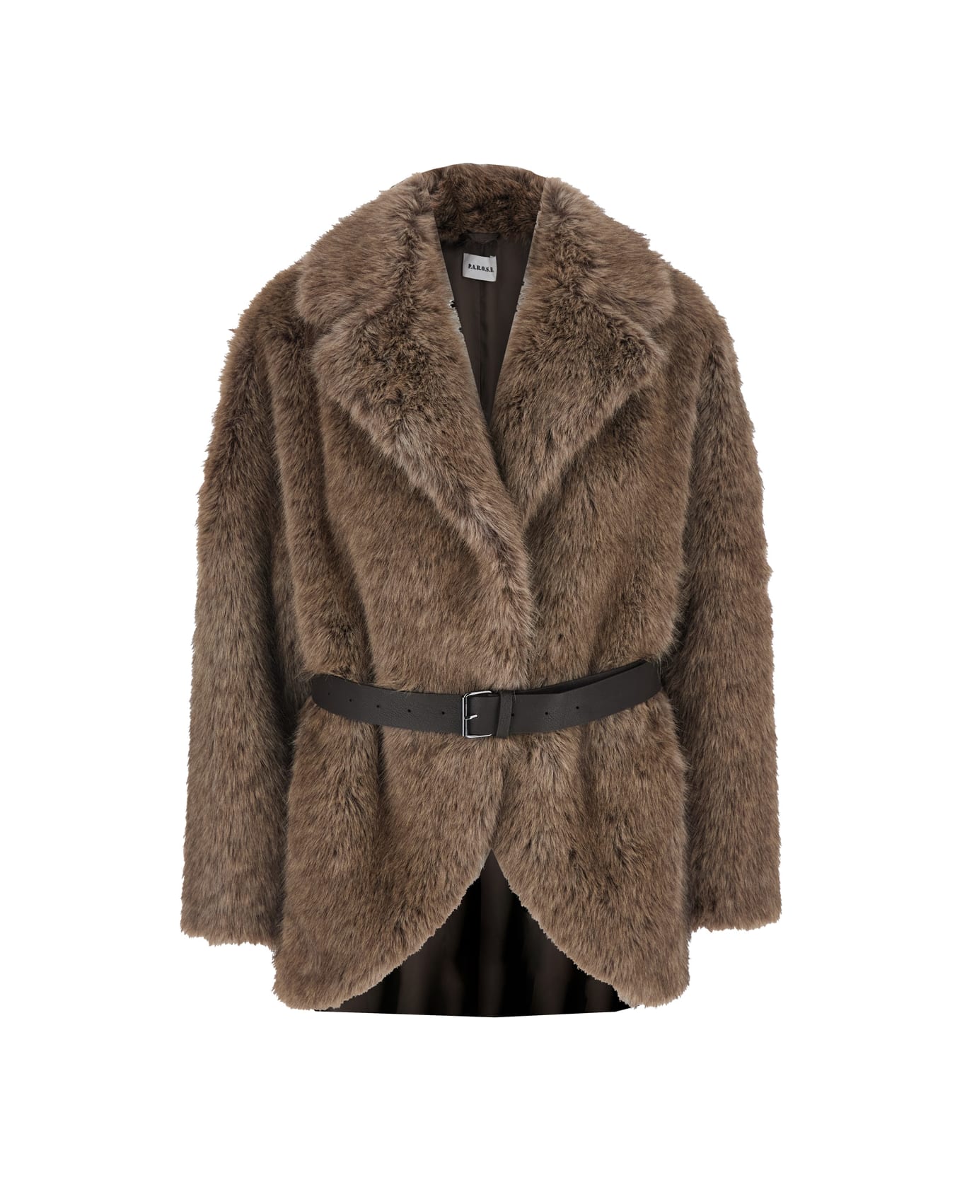 Parosh Brown Fur Jacket With Notched Revers And Leather Belt In Ecofur Woman - Brown