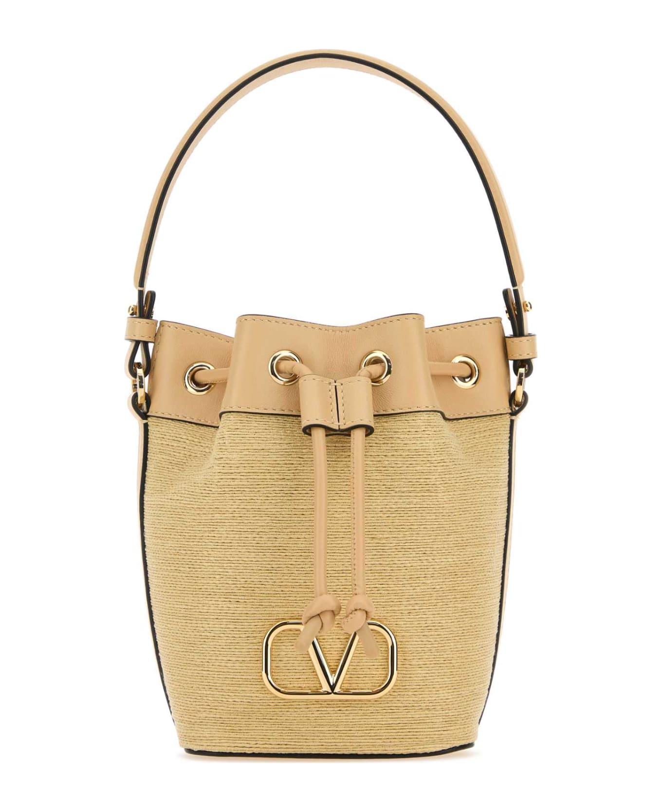 Valentino Garavani Raffia Leather Vlogo Signature Bucket Bag - NATURALESAHARABEIGE