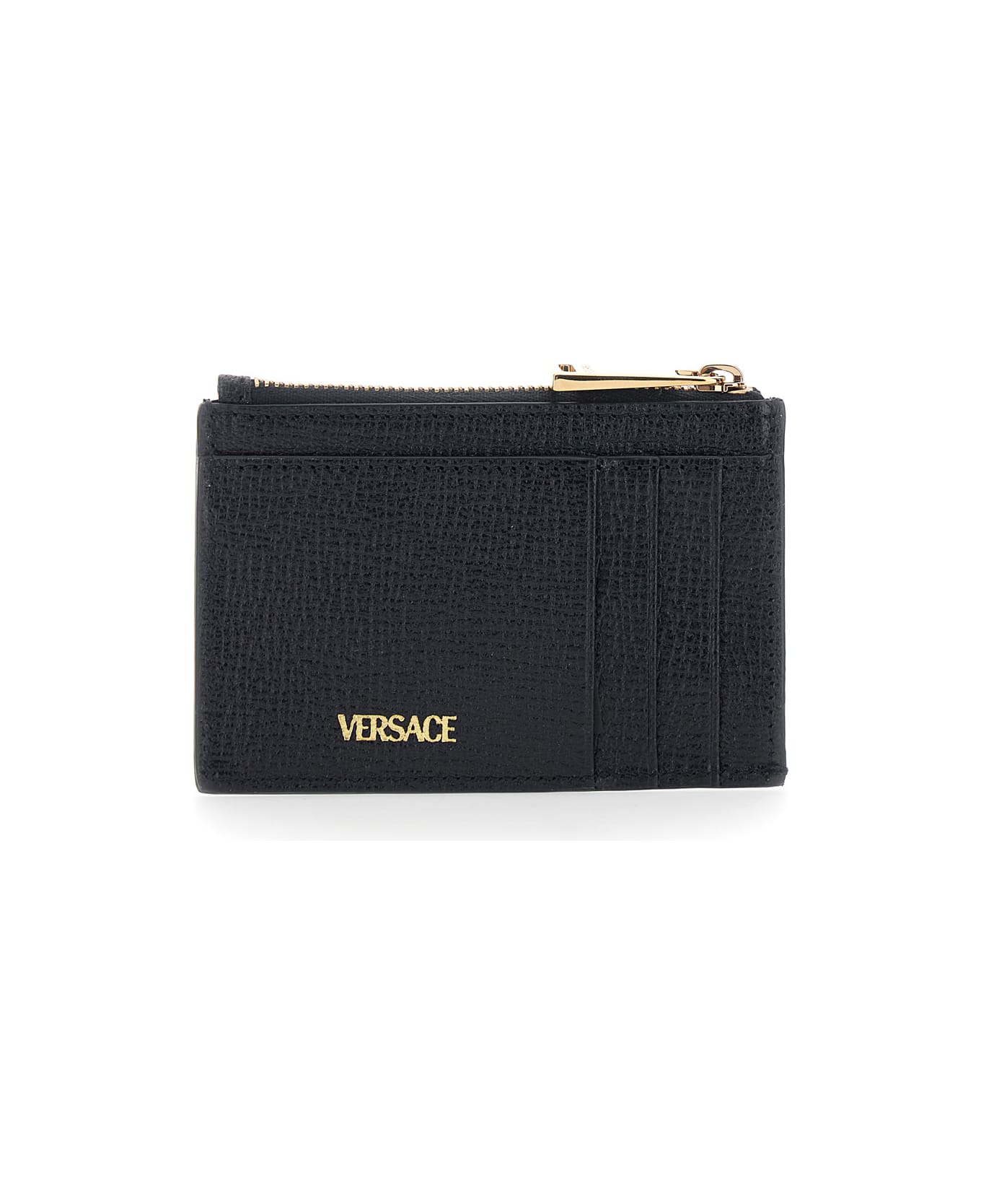 Versace Black Card Holder With Logo Plaque On The Front And Logo Lettering On The Rear In Leather Man - Black