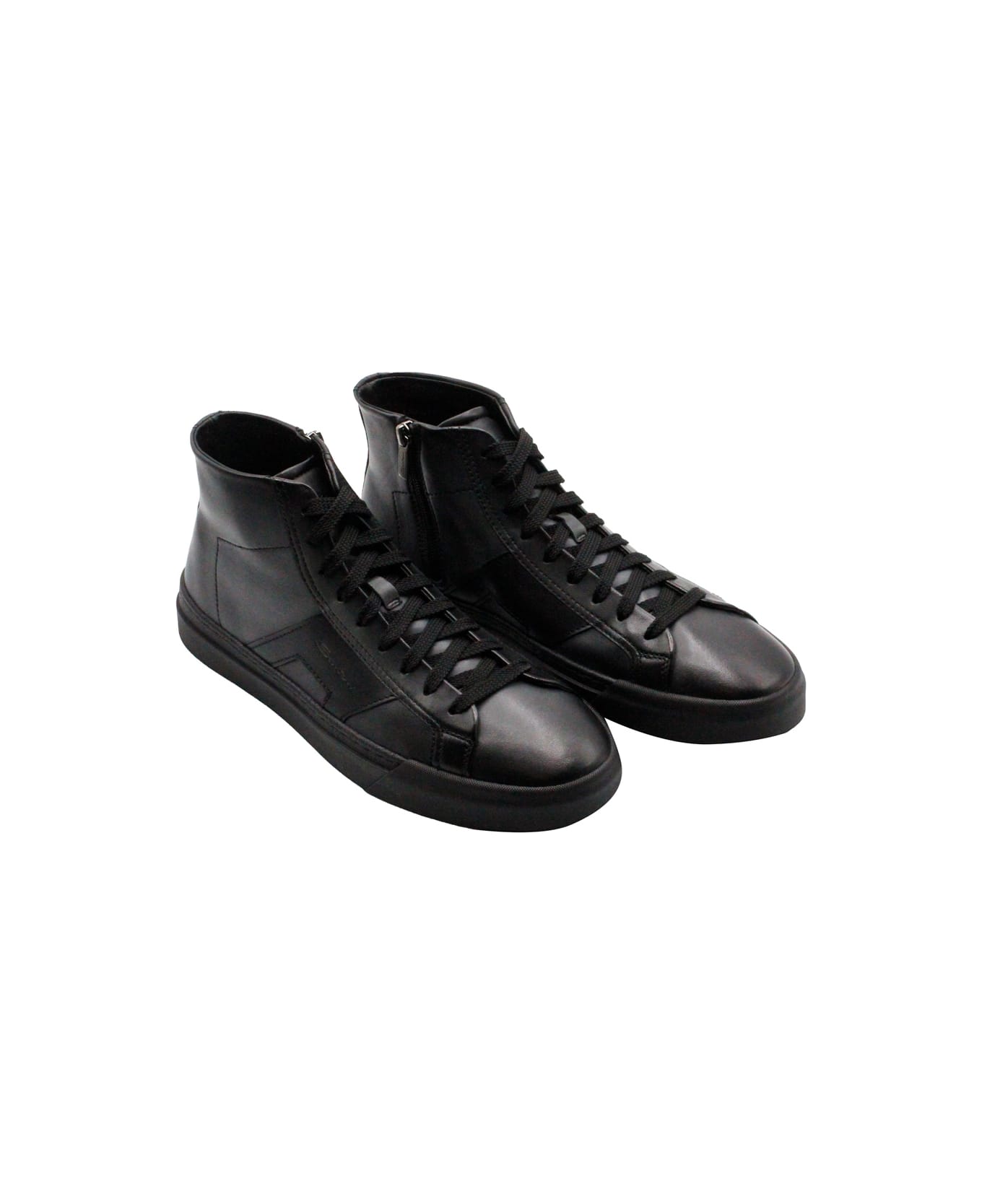 Santoni High-top Sneaker In Soft Calfskin With Side Zip And Laces With Side Logo Lettering - Black