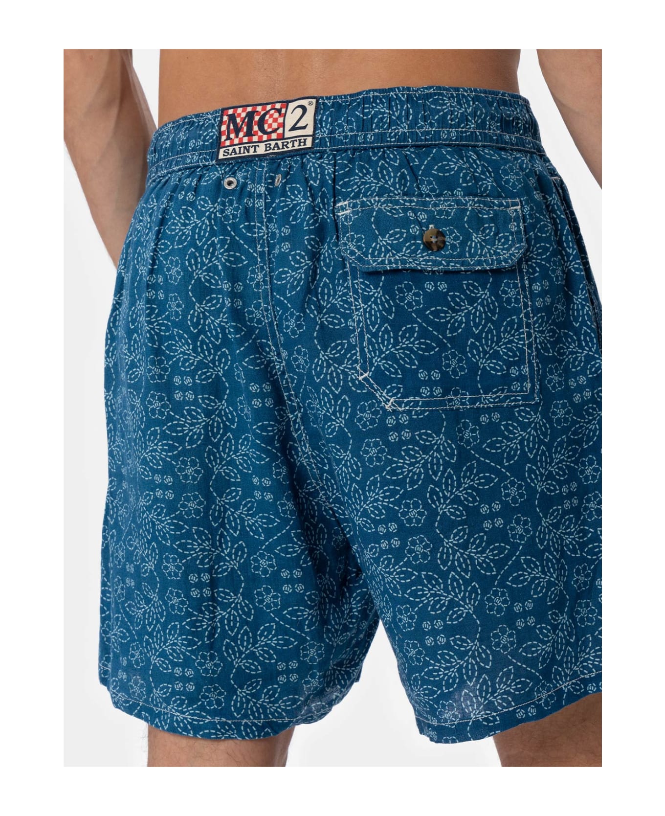 MC2 Saint Barth Man Mid-length Linen Swim-shorts Gustavia With Sashiko Print - BLUE