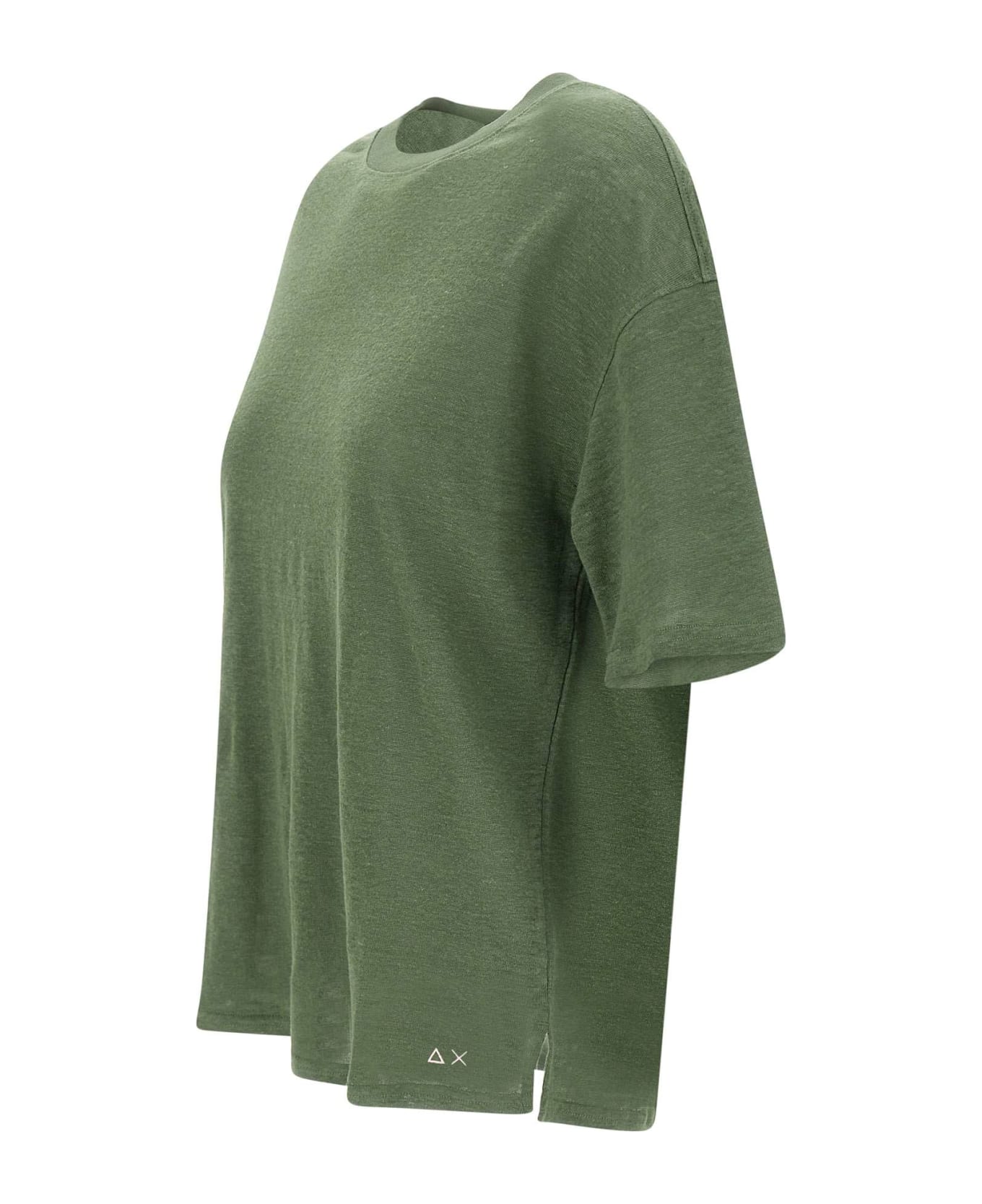 Sun 68 "round Neck" Linen T-shirt - GREEN