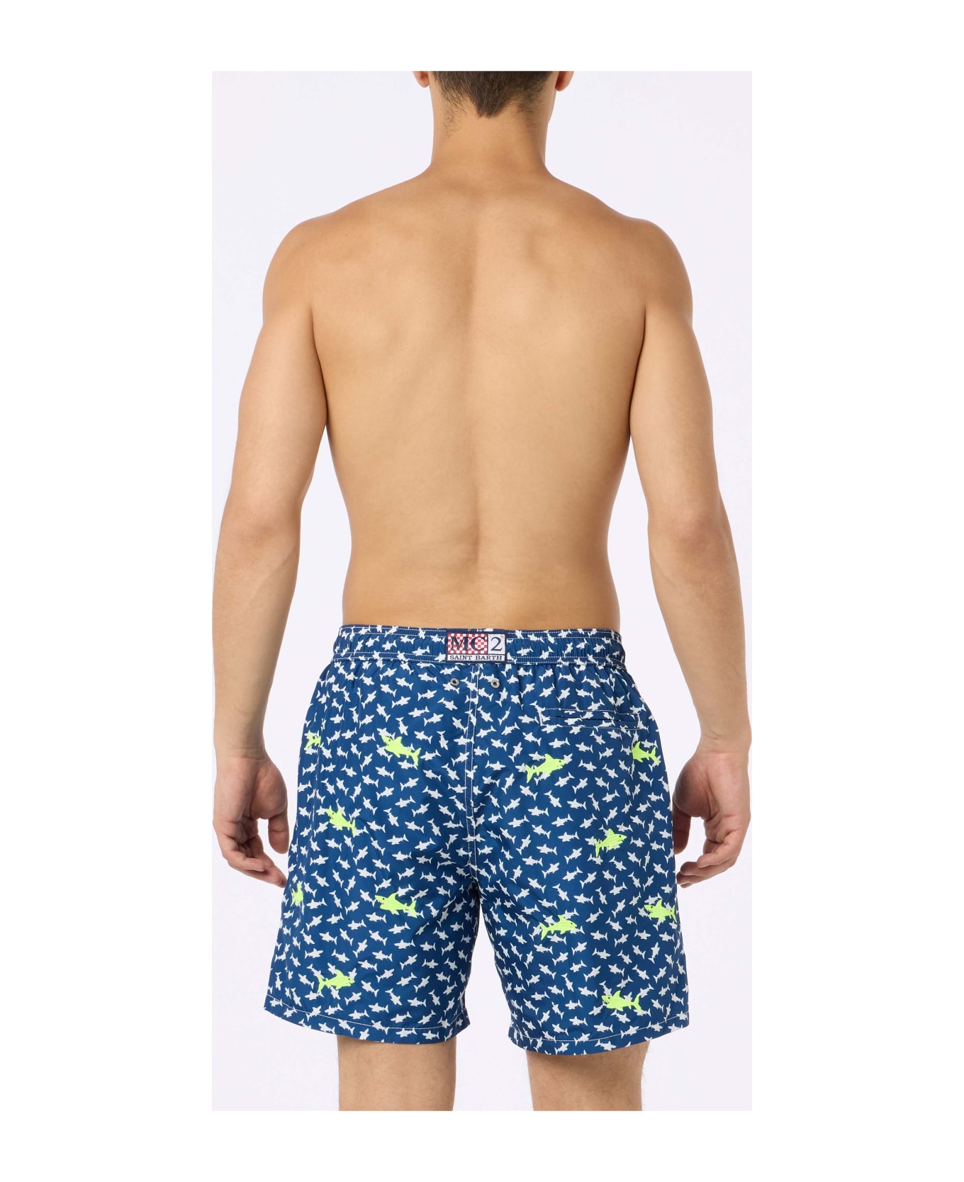 MC2 Saint Barth Man Lightweight Fabric Swim-shorts Lighting With Sharks Embroidery - BLUE