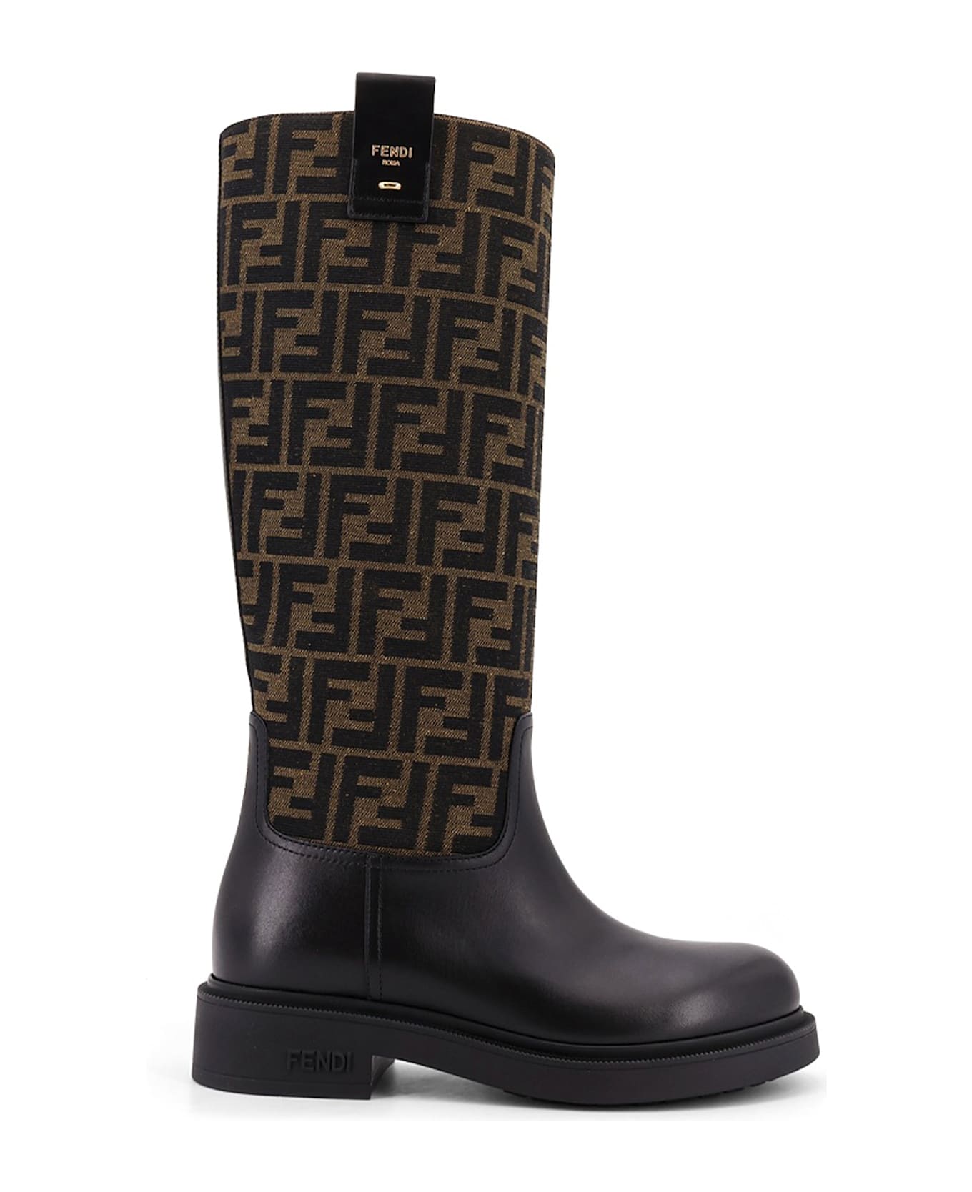 Fendi Filo Leather And Ff Jacquard Fabric Boots - NERO+TABACCO NERO
