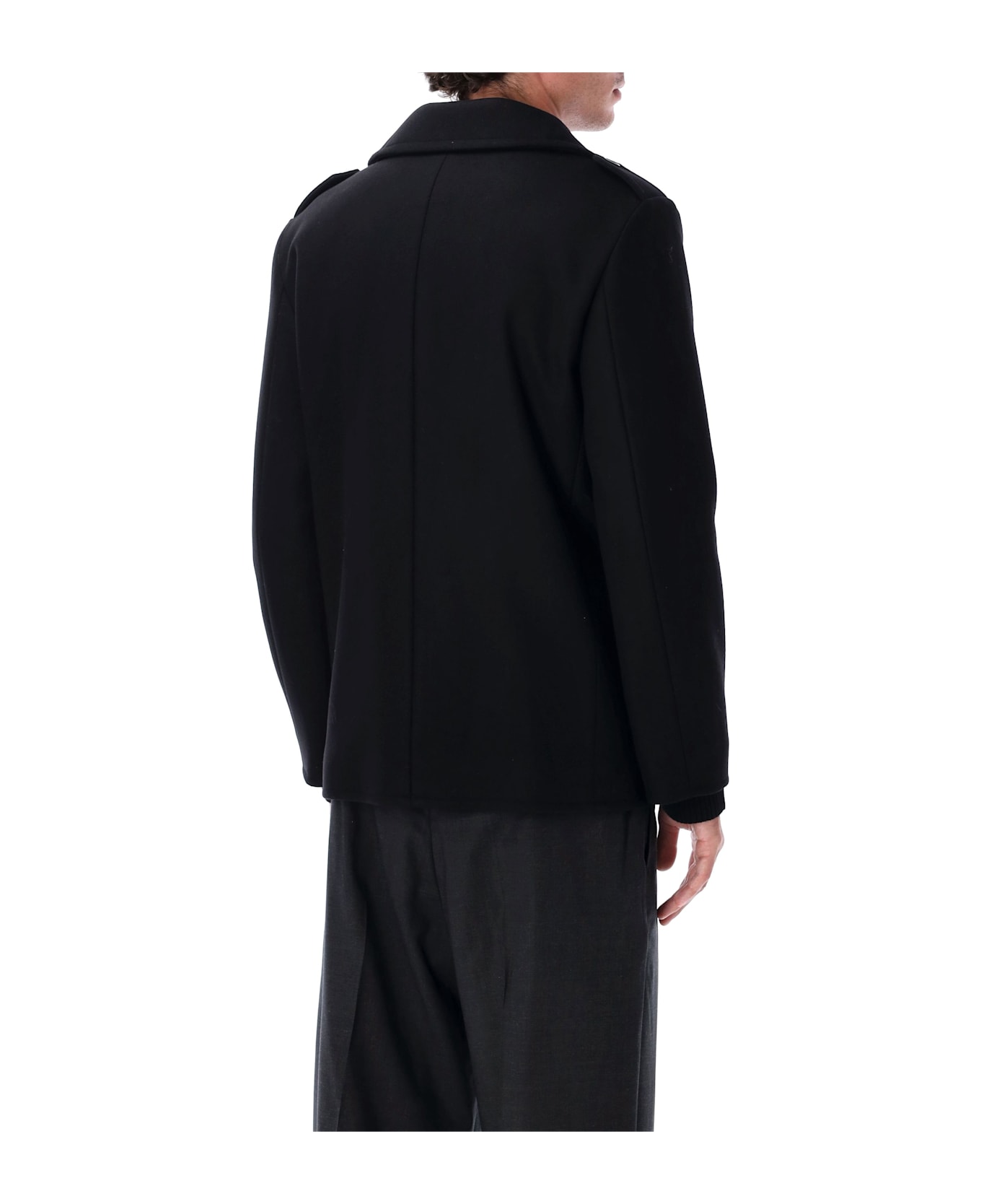 Saint Laurent Wool Peacoat With Epaulettes - BLACK