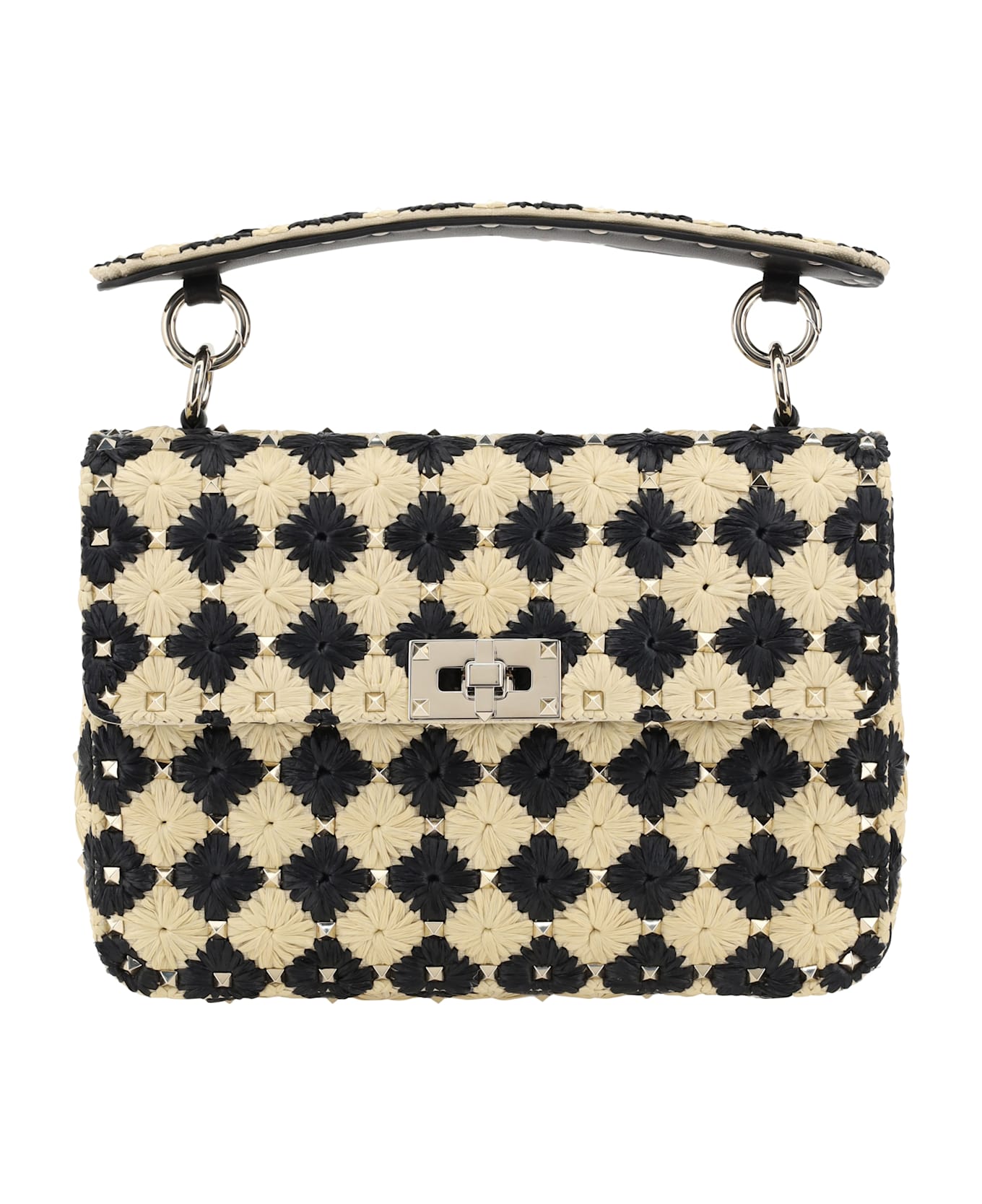 Valentino Garavani Two-tone Raffia Medium Rockstud Spike Handbag - Naturale/nero