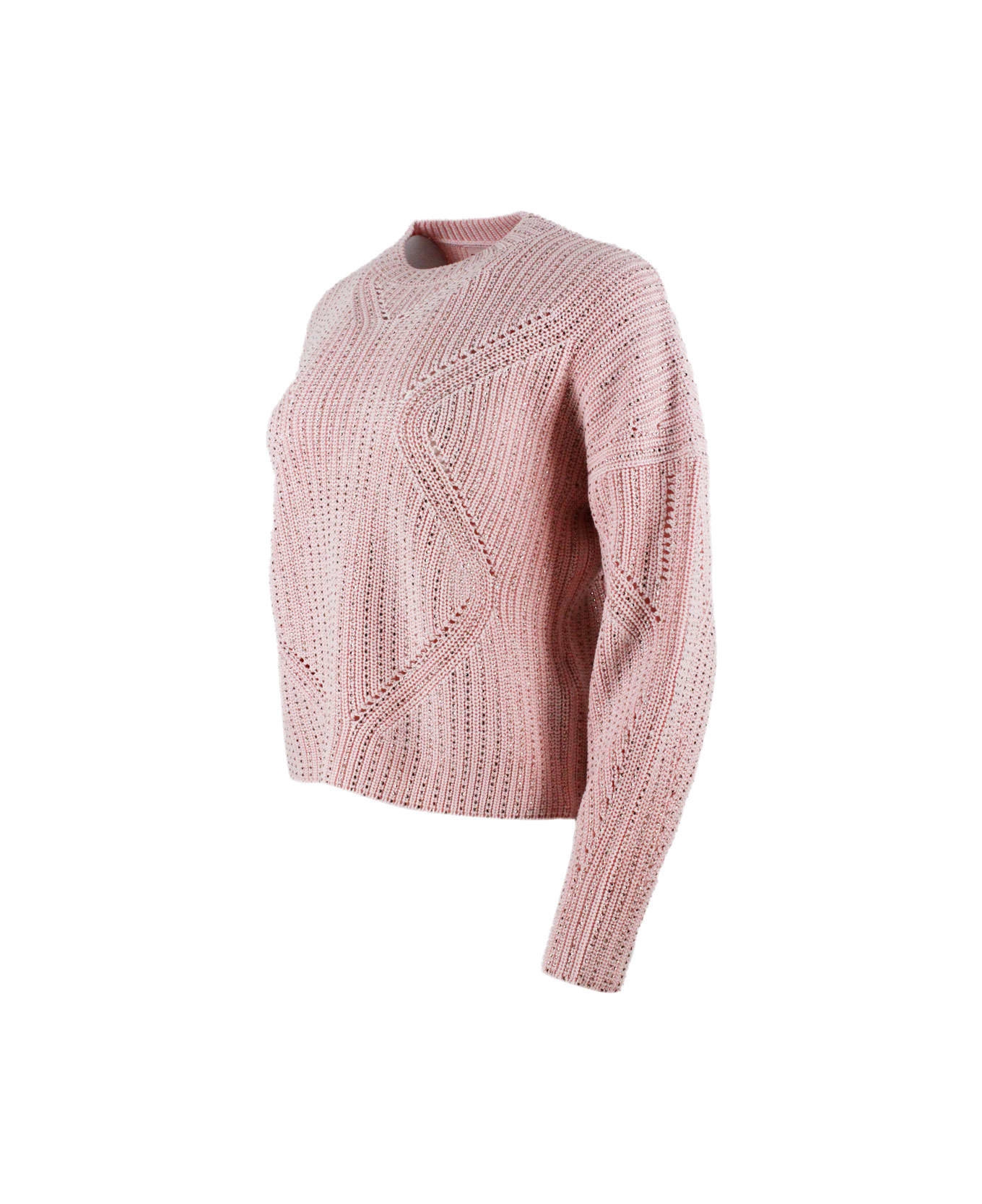 Ermanno Scervino Long-sleeved Crew Neck Sweater In Cotton With Crystals - Pink