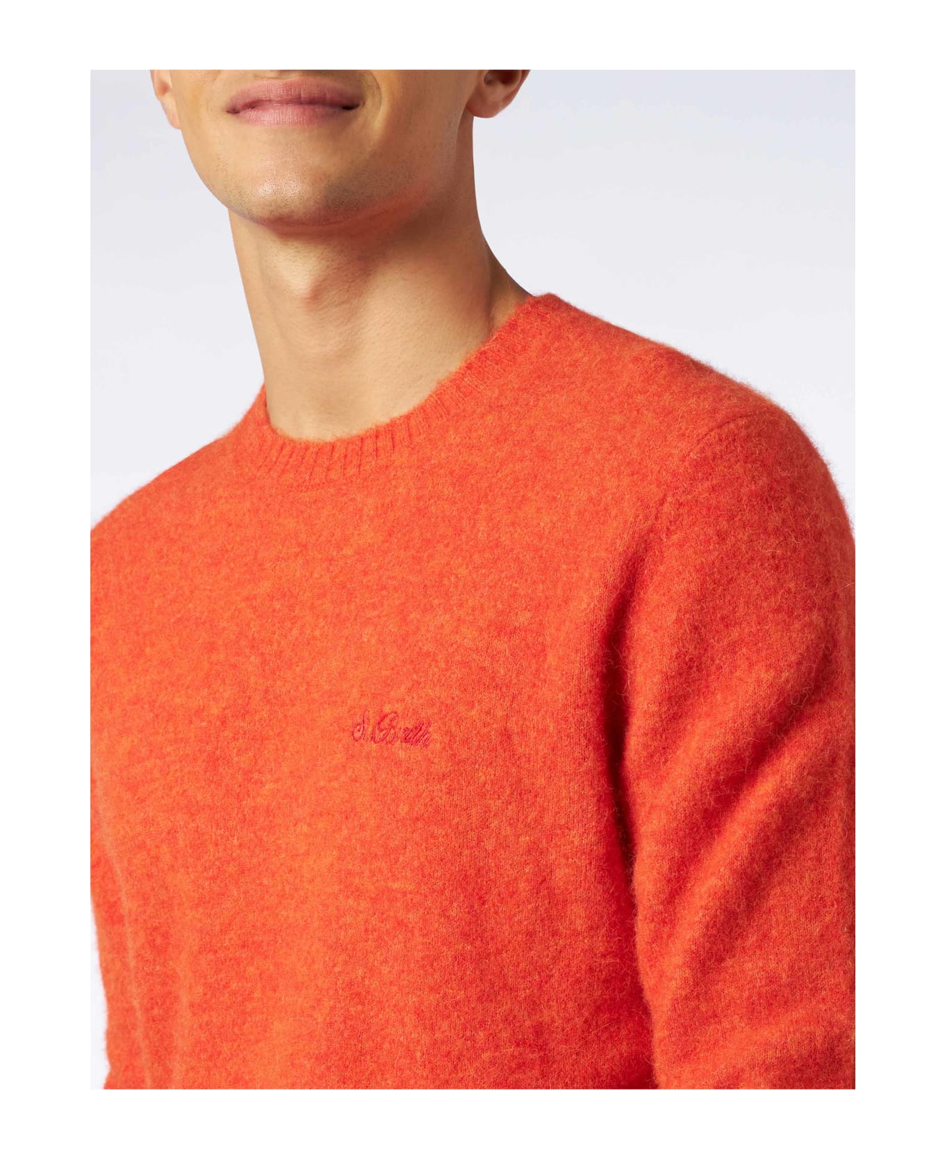 MC2 Saint Barth Man Orange Stretch Wool Sweater With St. Barth Embroidery - ORANGE
